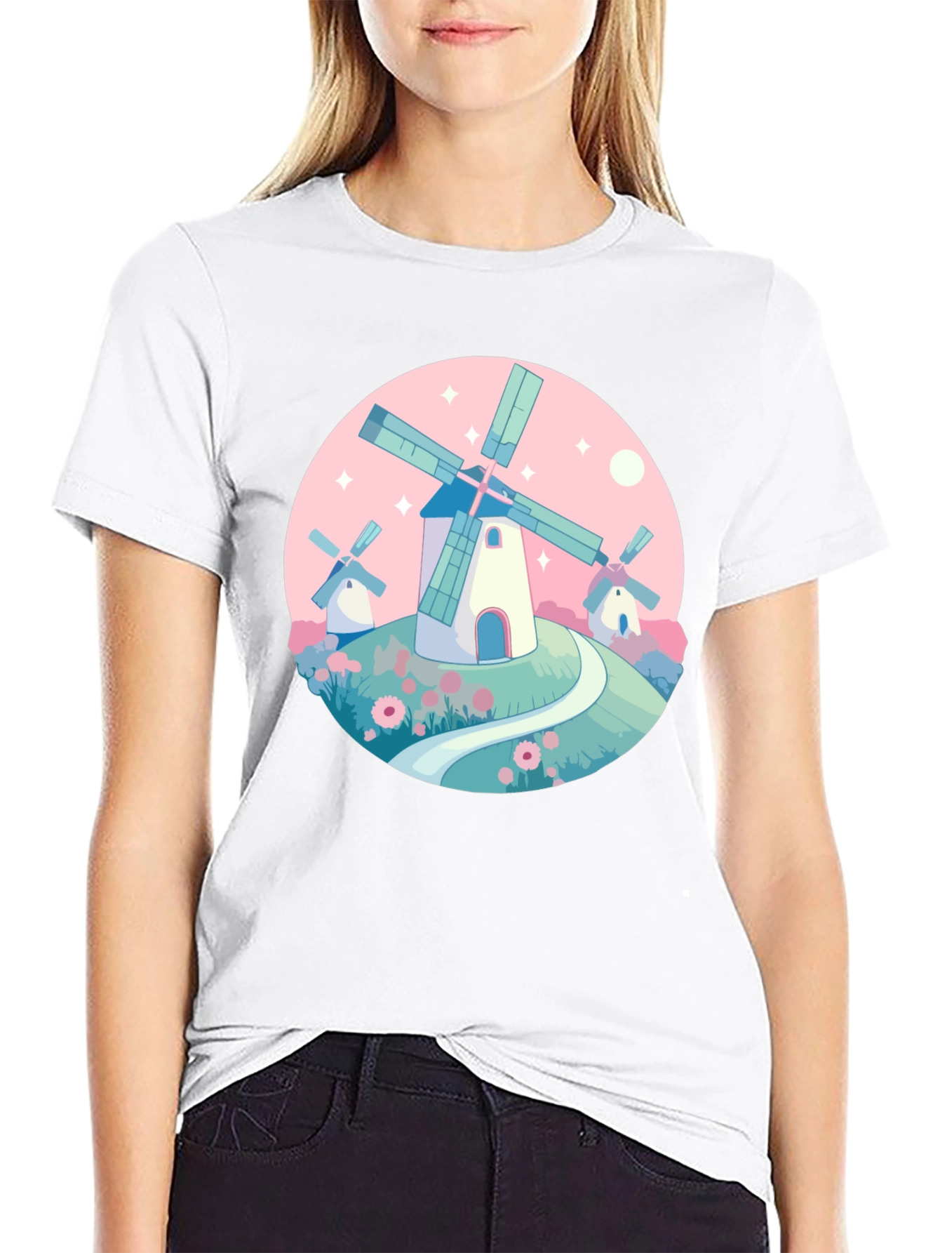 Whimsical Windmill Graphic Tee - Black