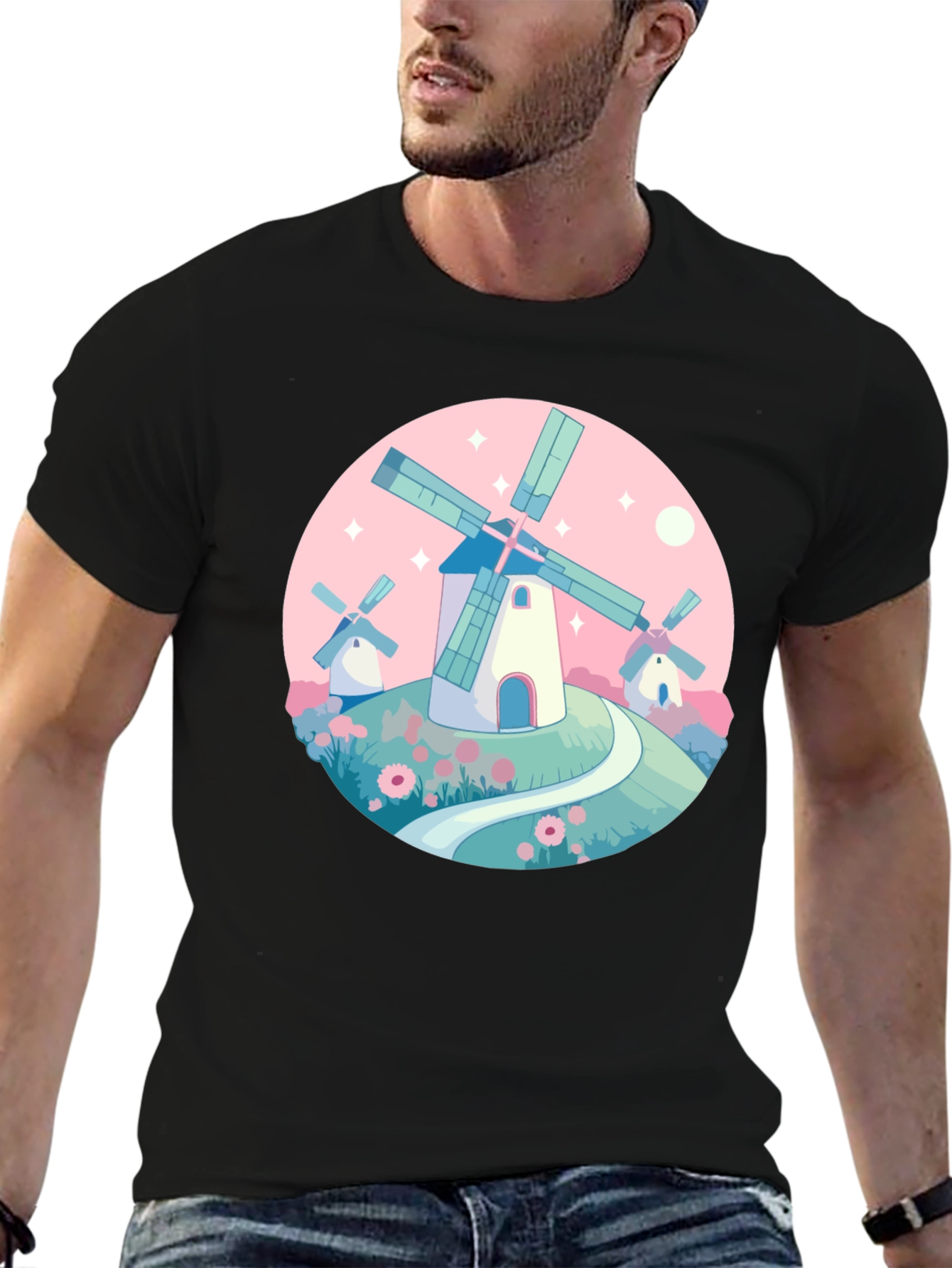 Whimsical Windmill Graphic Tee - Black