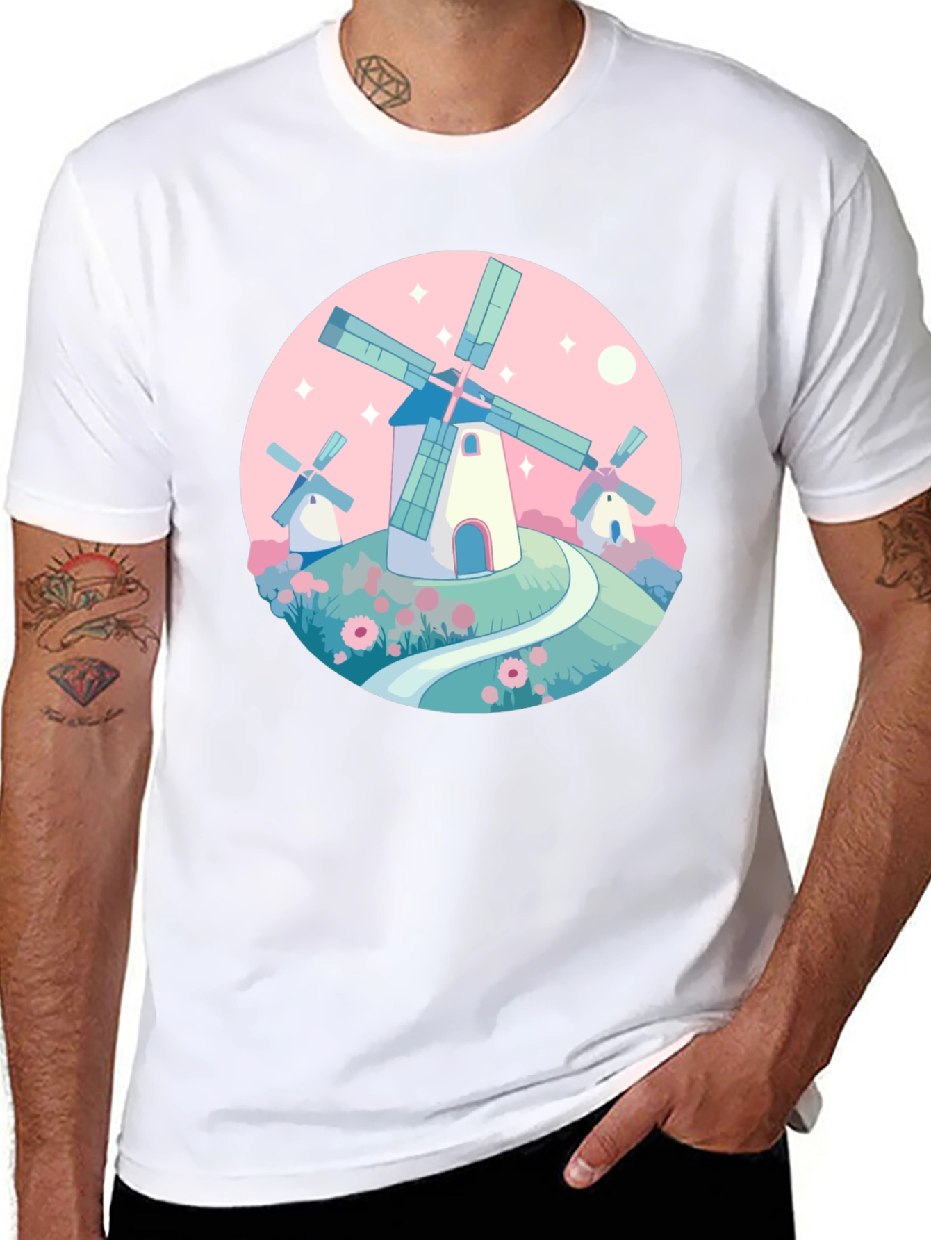 Whimsical Windmill Graphic Tee - Black