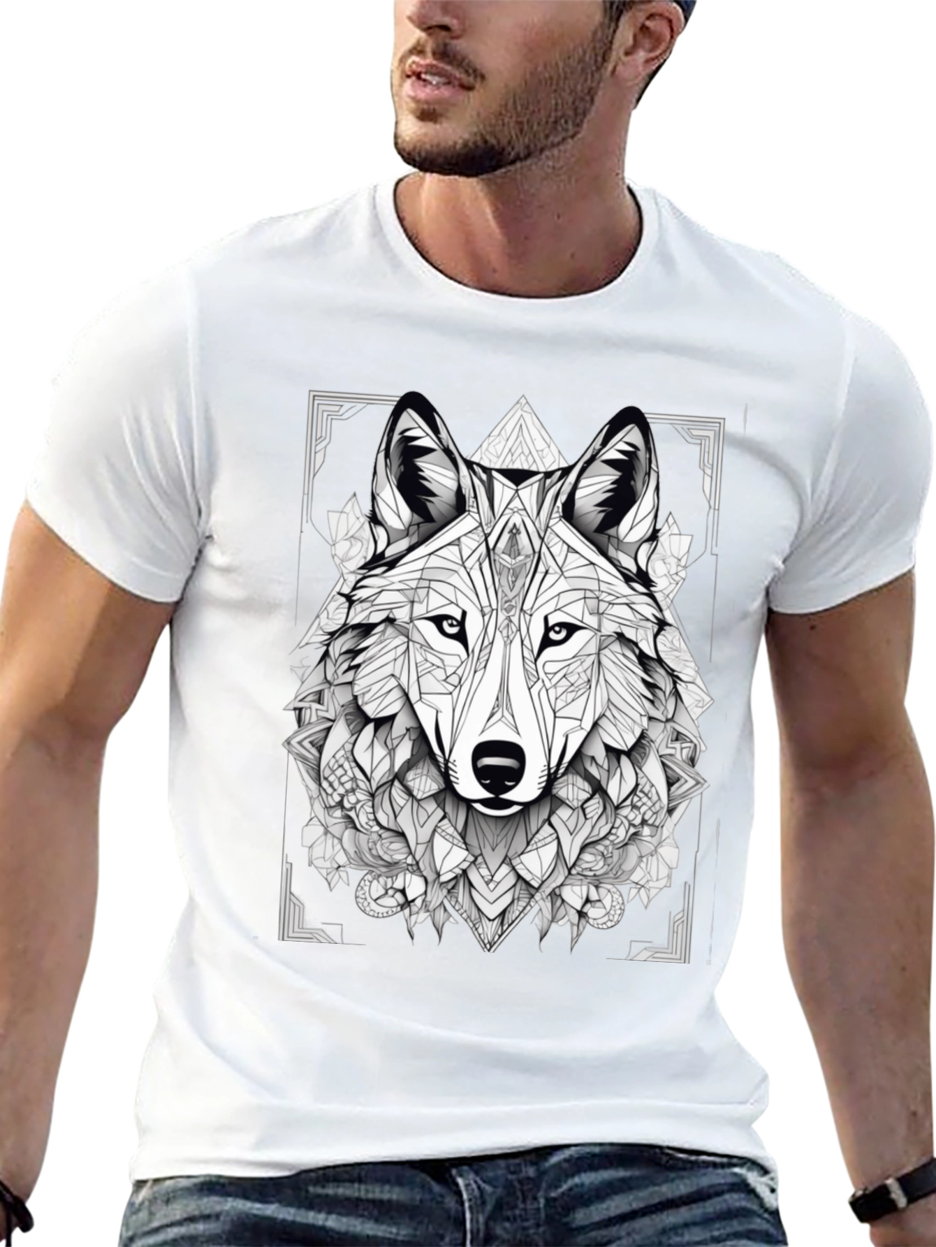 Geometric Wolf Graphic Black T-Shirt