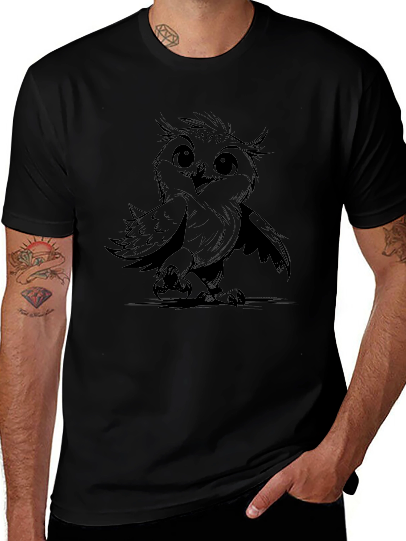 Mens Owl Graphic Print Black T-Shirt