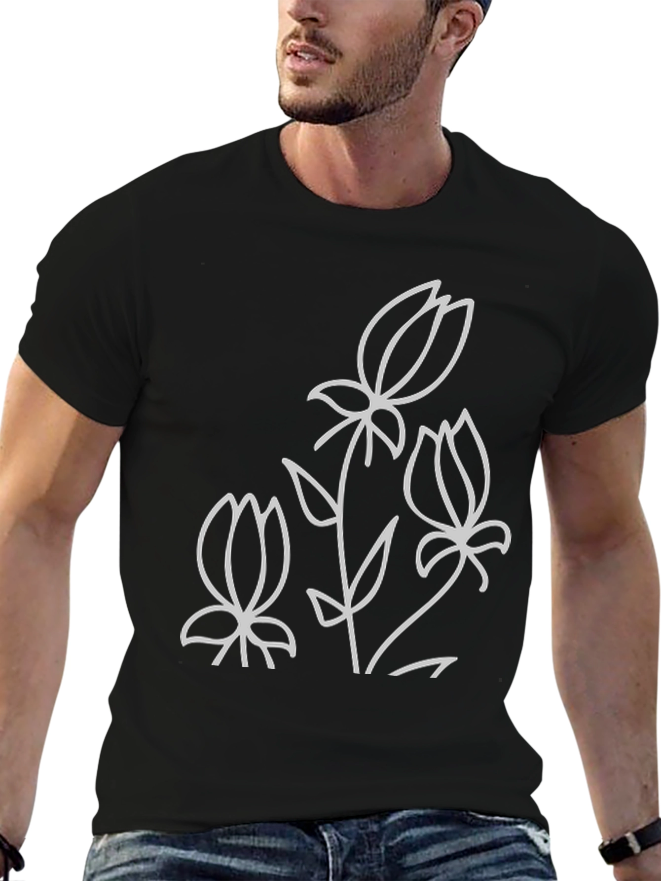 Floral Line Art Black T-Shirt