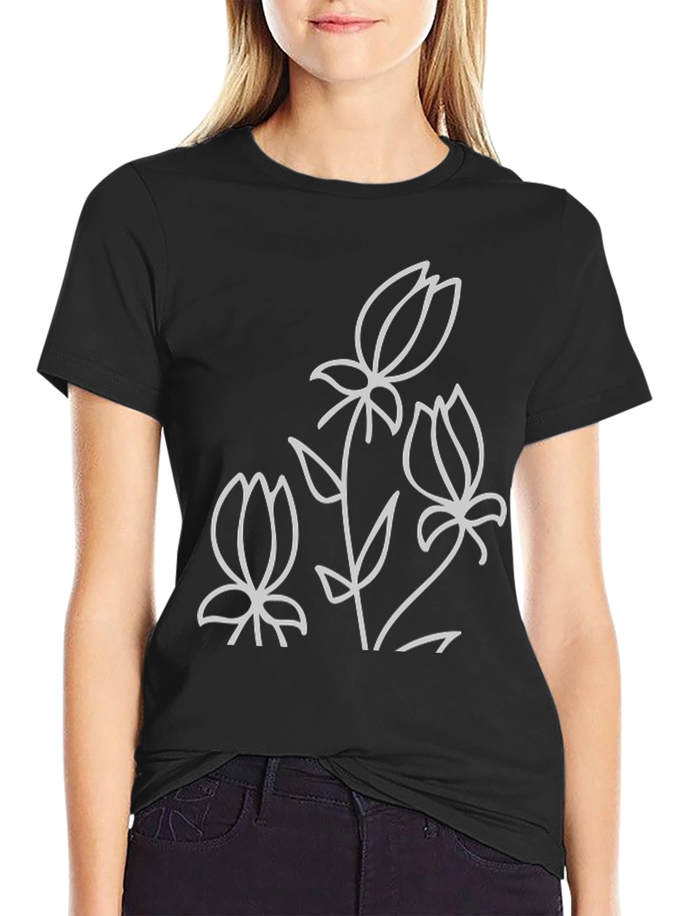 Floral Line Art Black T-Shirt
