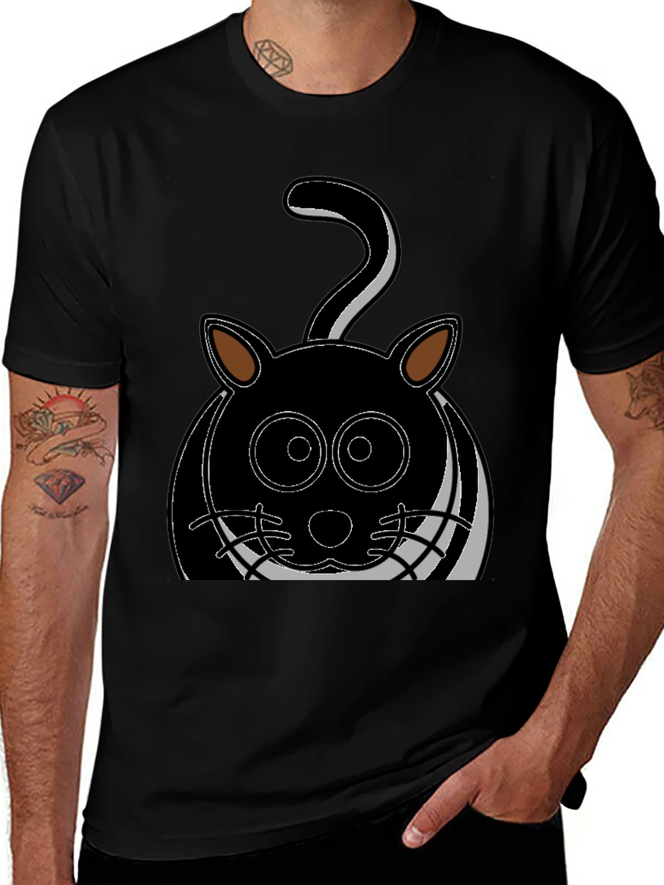 Cartoon Cat Graphic Tee - Black
