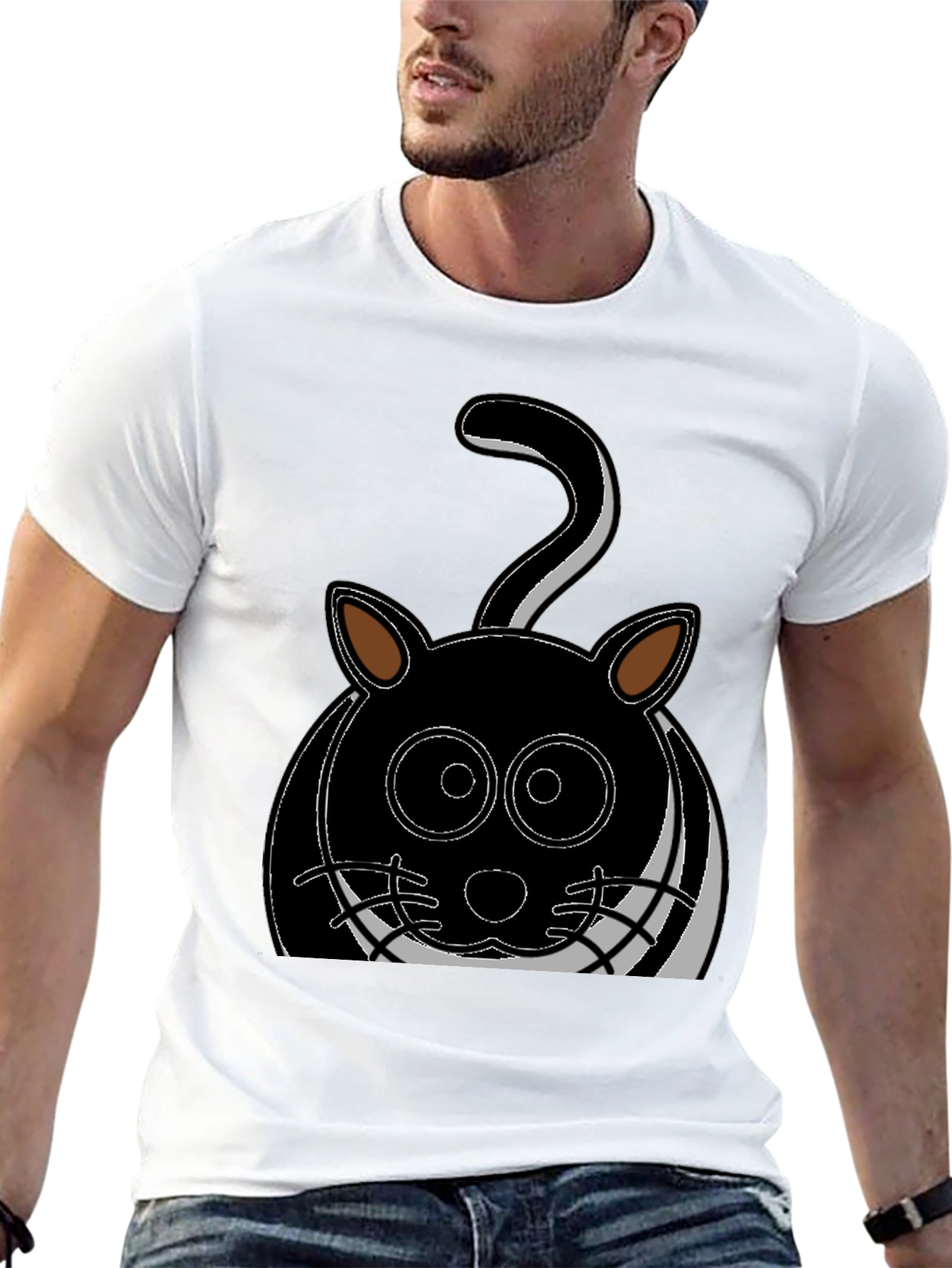 Cartoon Cat Graphic Tee - Black