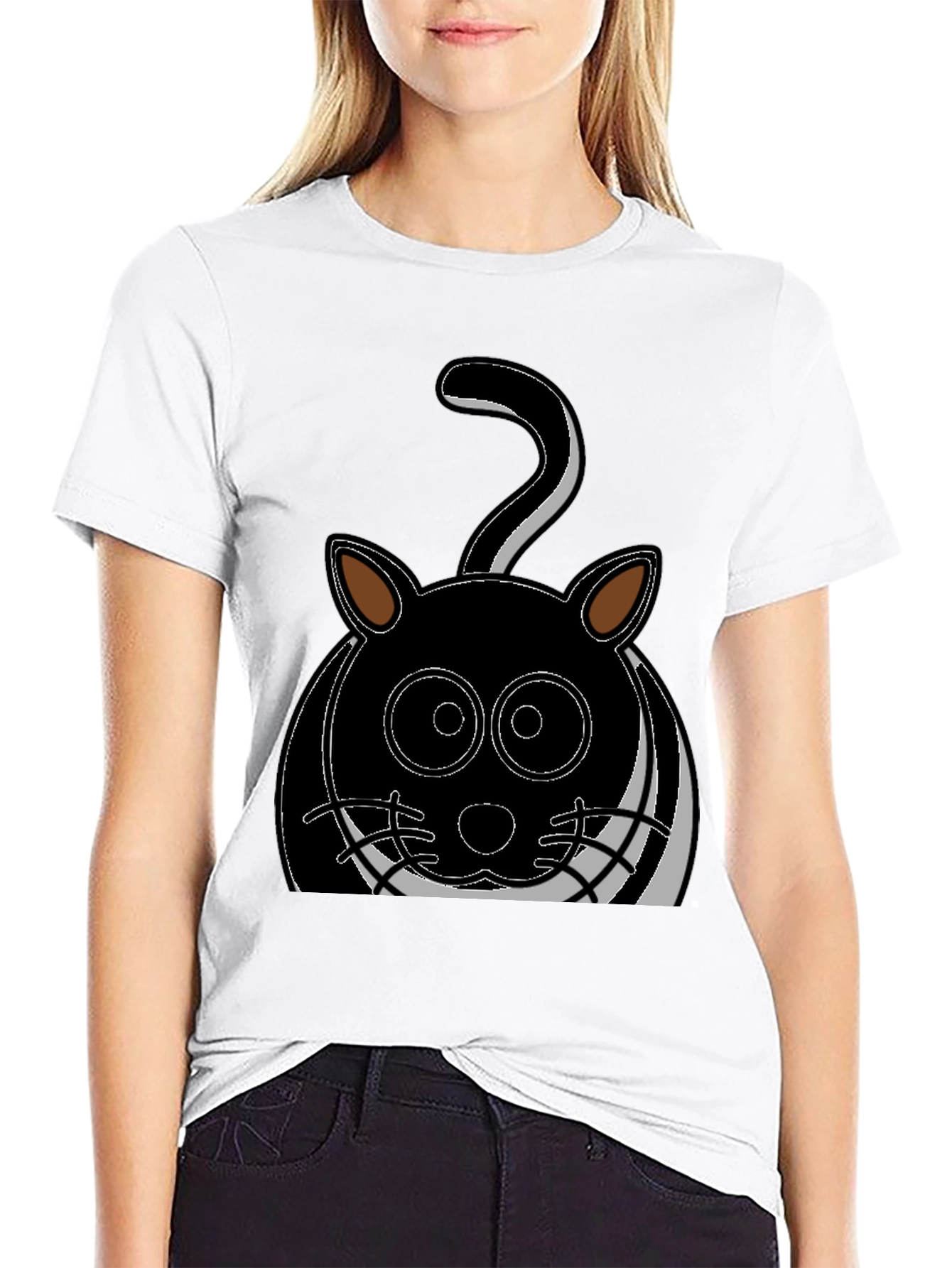 Cartoon Cat Graphic Tee - Black