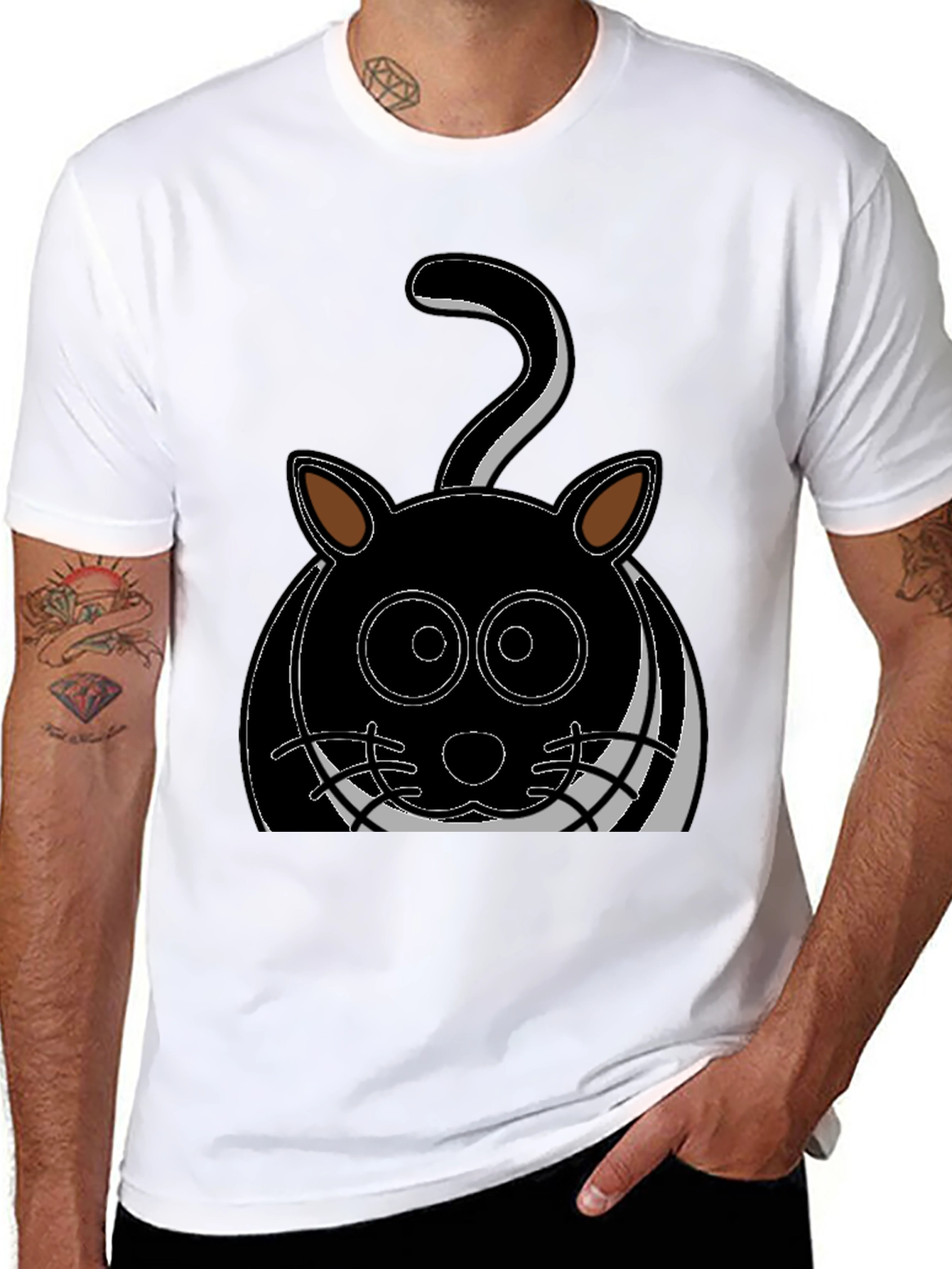Cartoon Cat Graphic Tee - Black