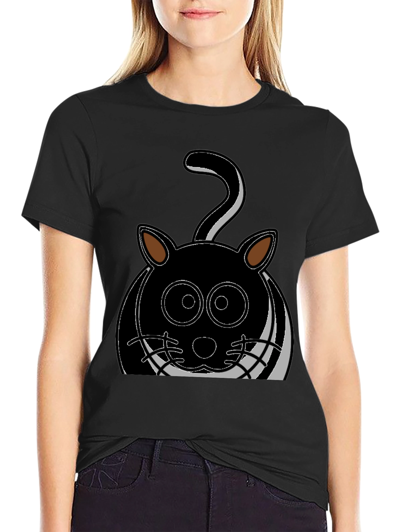 Cartoon Cat Graphic Tee - Black