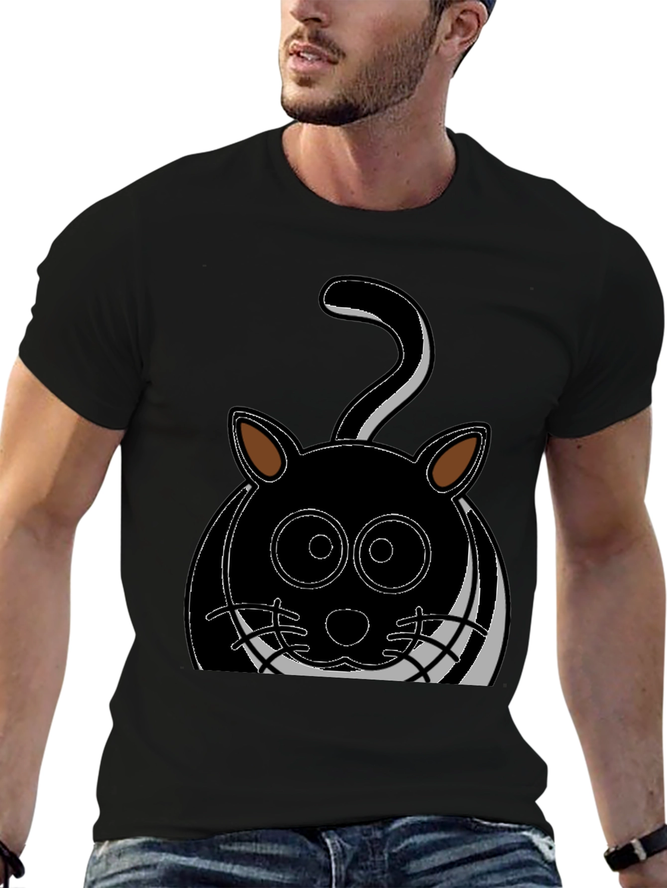 Cartoon Cat Graphic Tee - Black