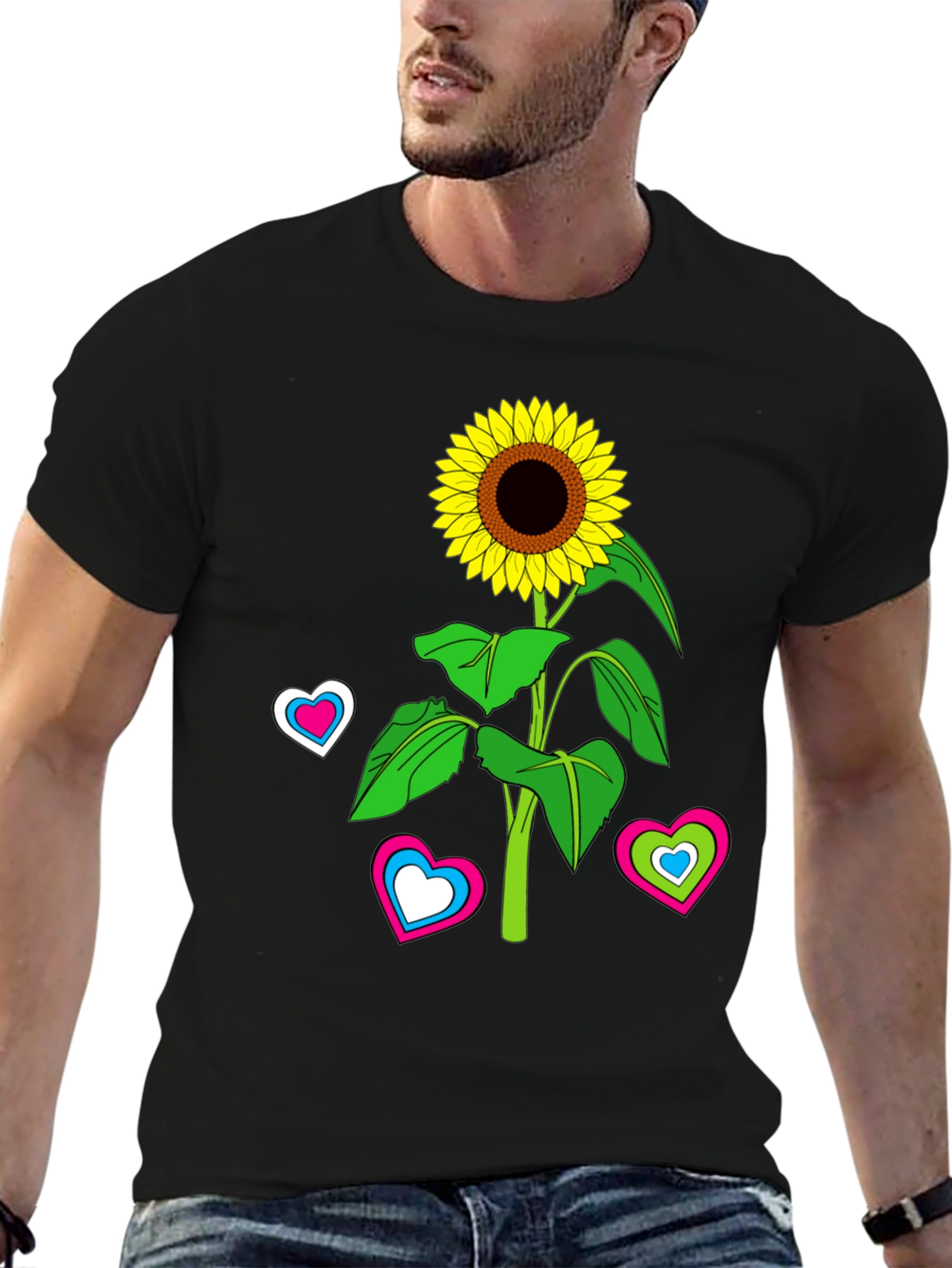 Sunflower Heart Graphic Tee - Black Cotton Blend T-Shirt