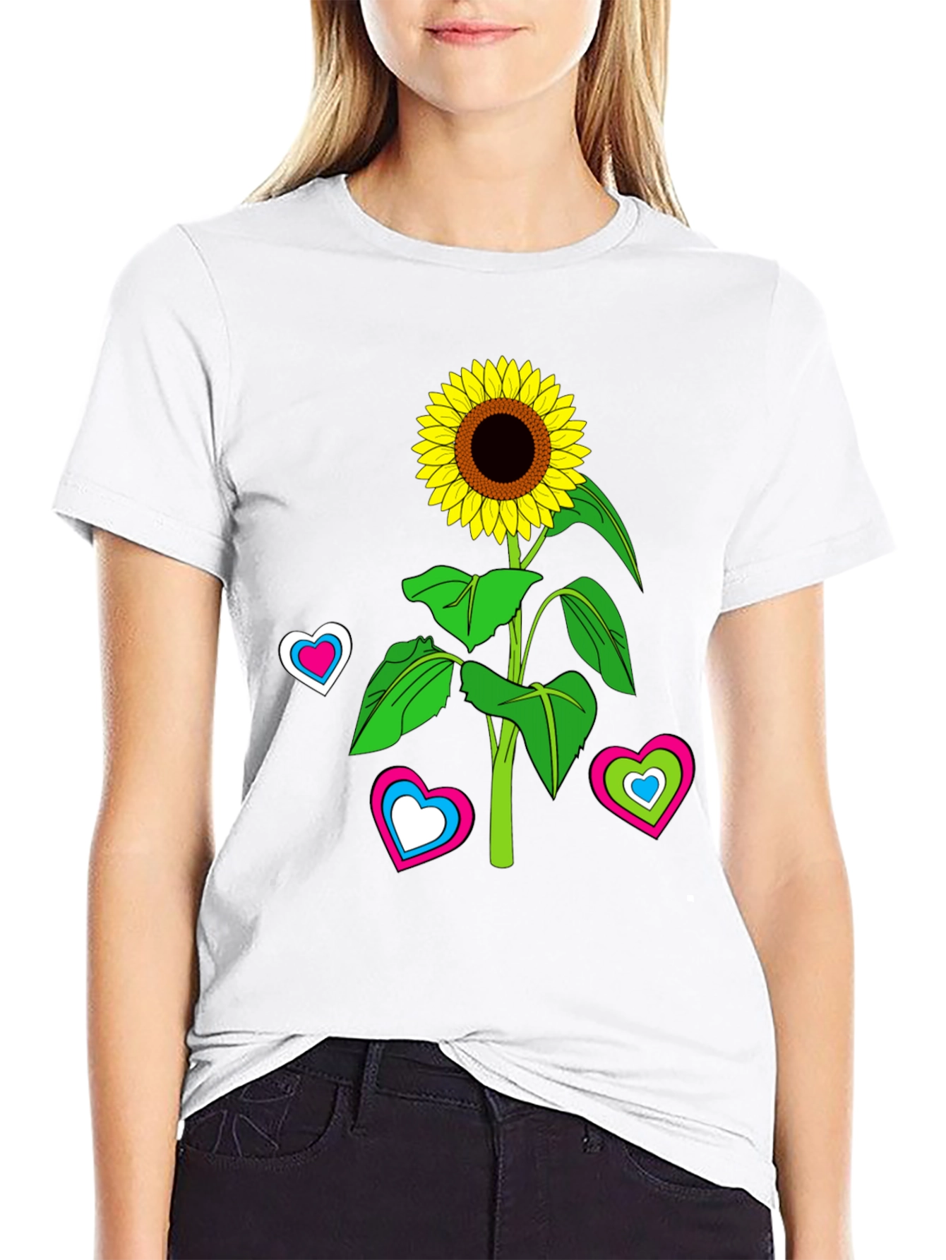 Sunflower Heart Graphic Tee - Black Cotton Blend T-Shirt