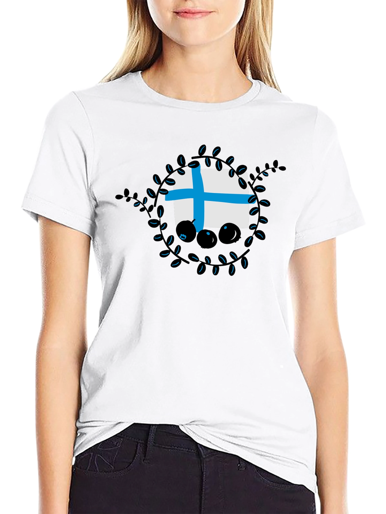 Finland Flag Blueberry Wreath Graphic T-Shirt