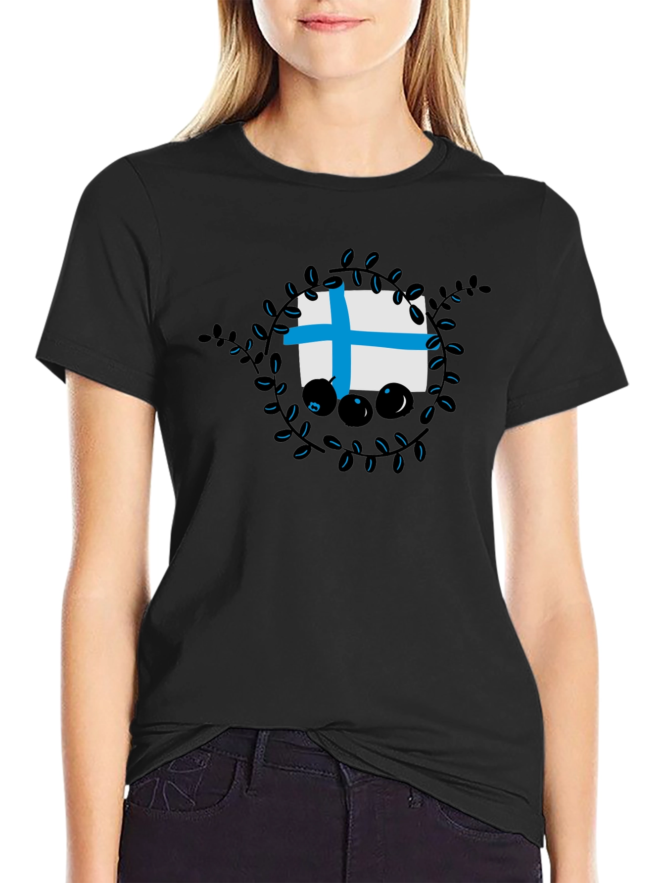 Finland Flag Blueberry Wreath Graphic T-Shirt