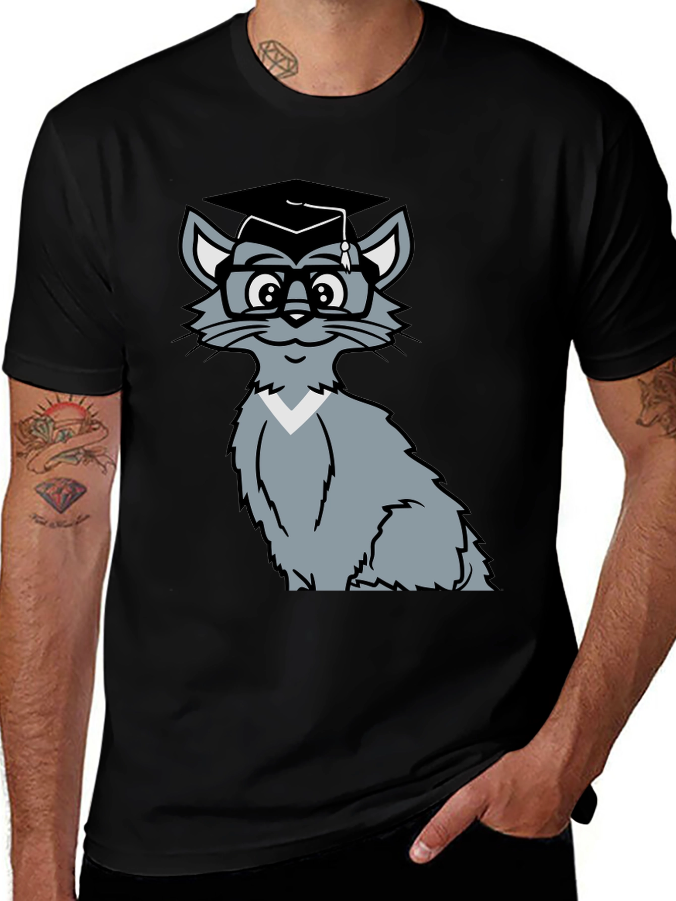 Smart Cat Graduation T-Shirt - Black Cotton Tee