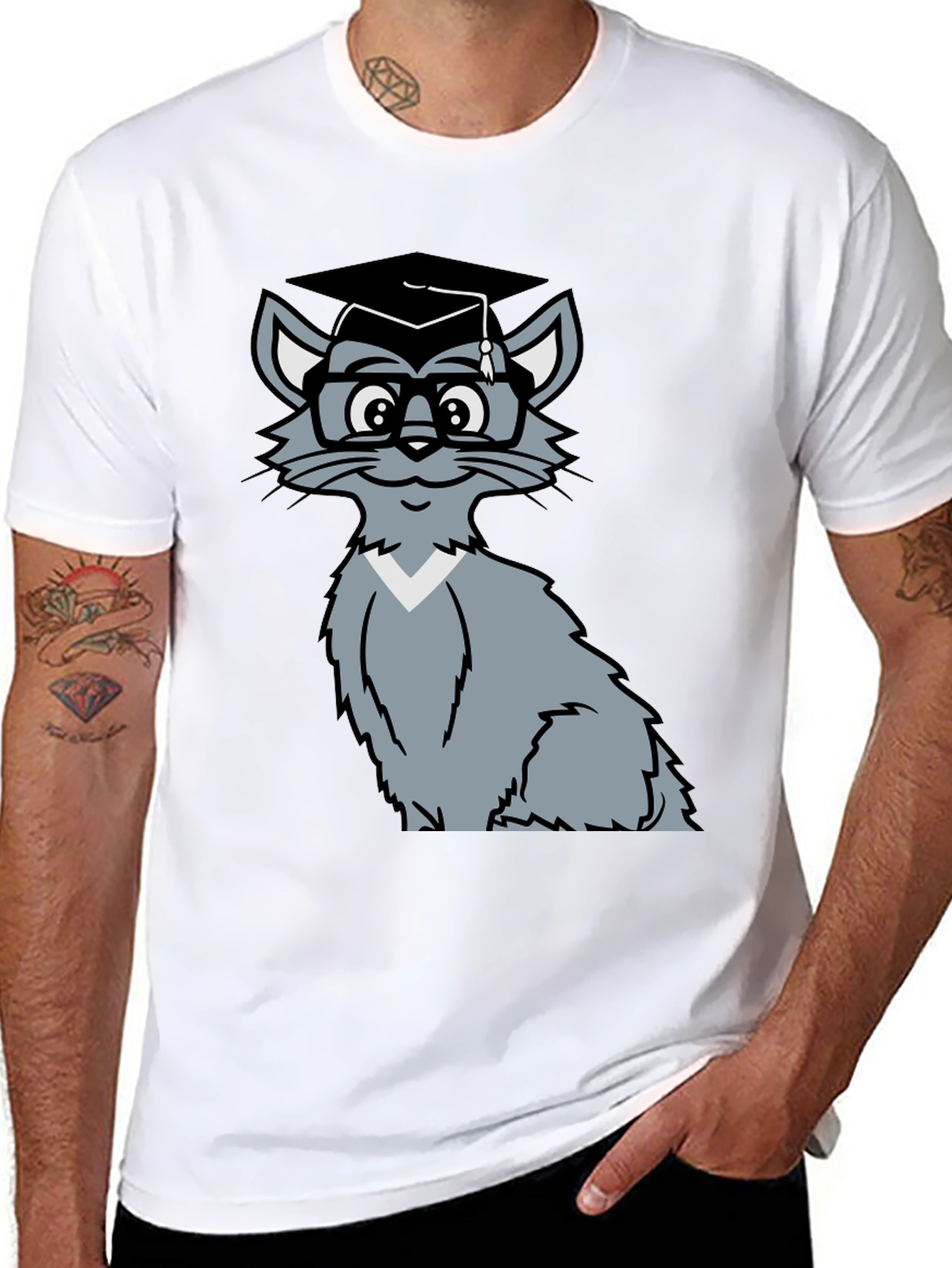 Smart Cat Graduation T-Shirt - Black Cotton Tee