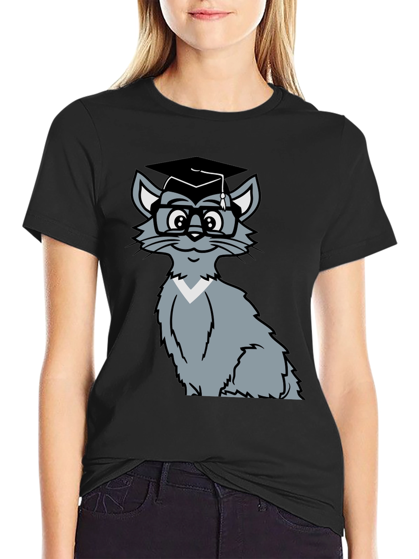 Smart Cat Graduation T-Shirt - Black Cotton Tee