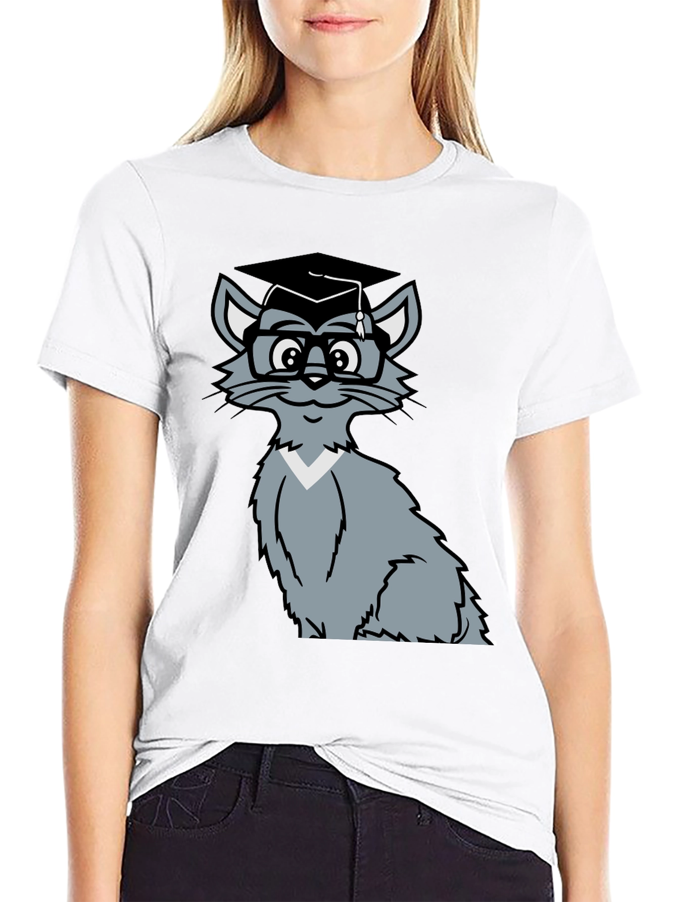 Smart Cat Graduation T-Shirt - Black Cotton Tee