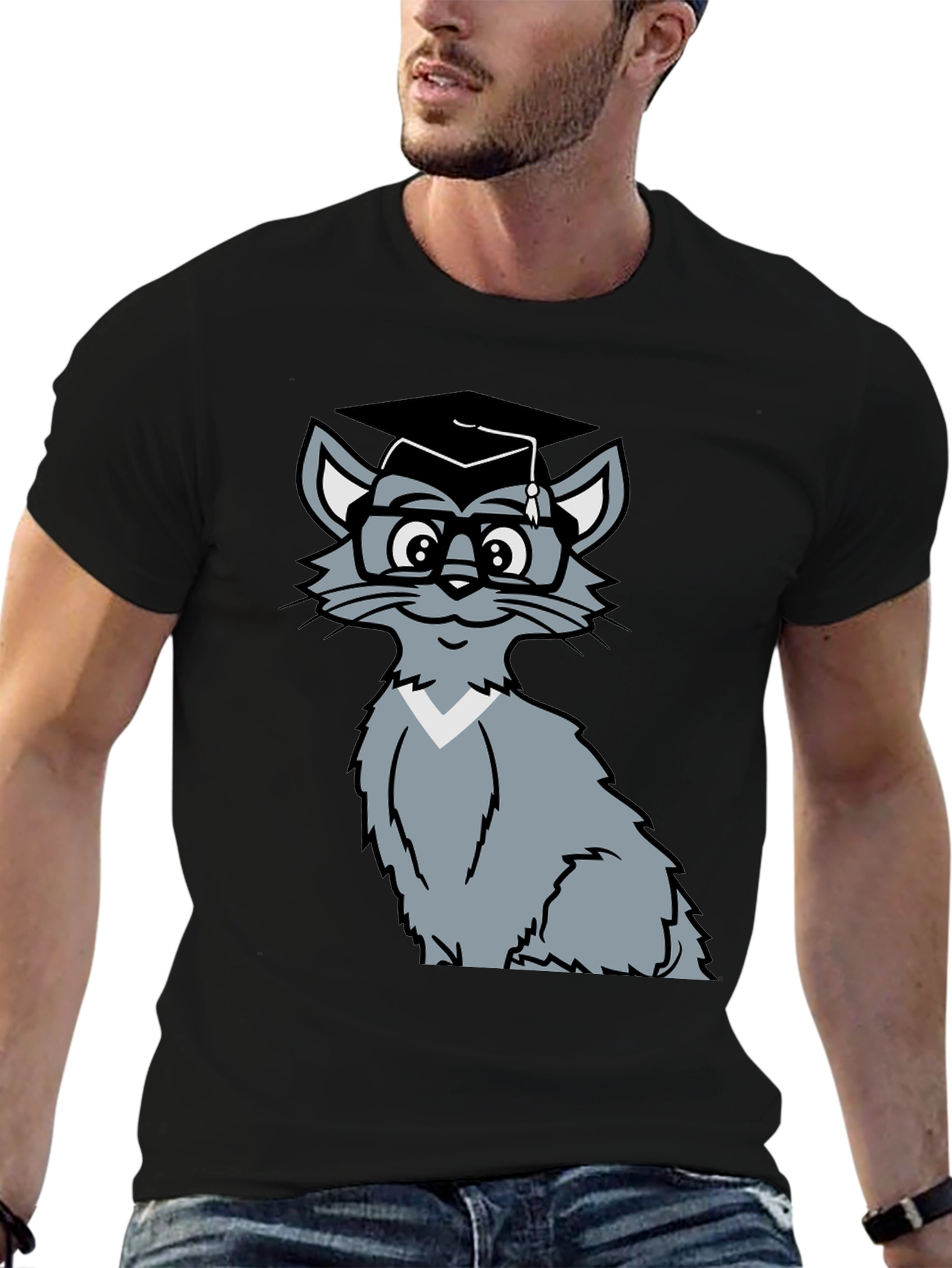 Smart Cat Graduation T-Shirt - Black Cotton Tee
