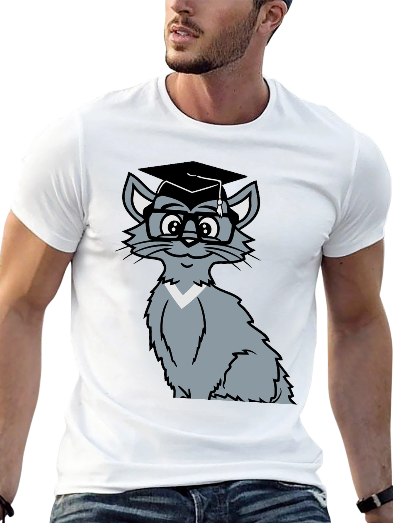 Smart Cat Graduation T-Shirt - Black Cotton Tee