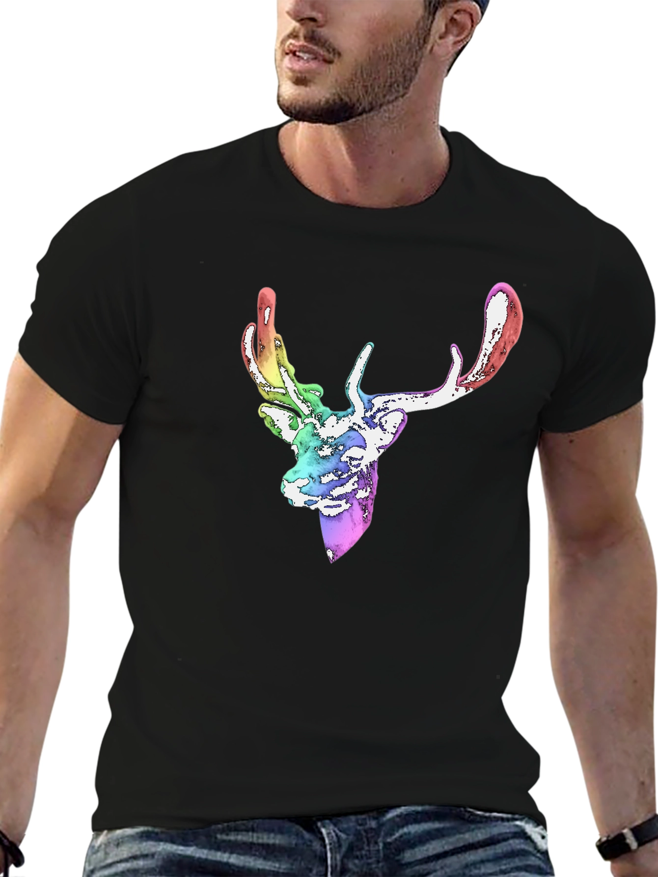 Rainbow Deer Graphic Tee - Mens Black T-Shirt