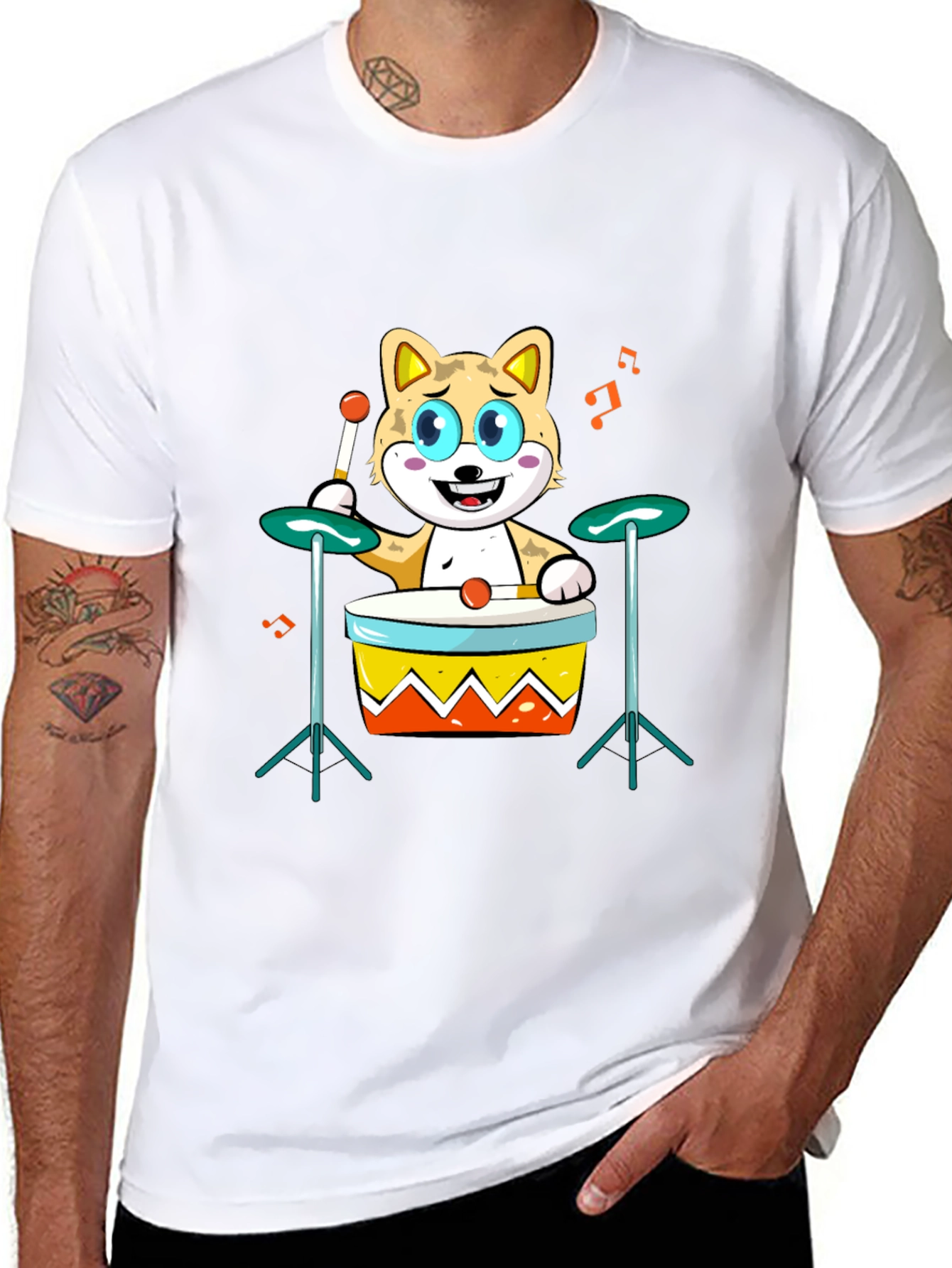 Cartoon Cat Drummer T-Shirt - Cool Music Lover Tee