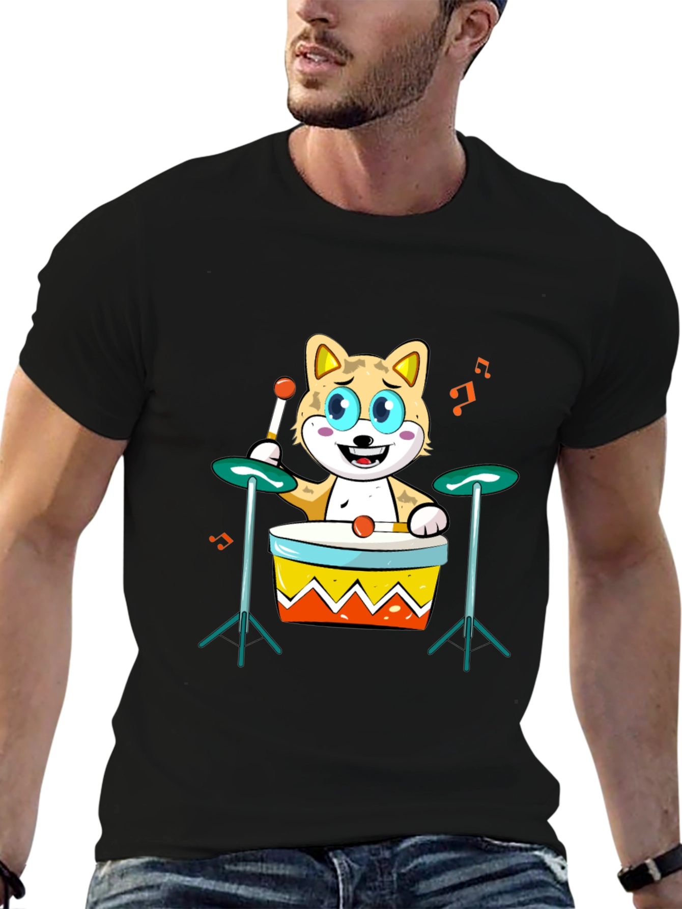 Cartoon Cat Drummer T-Shirt - Cool Music Lover Tee