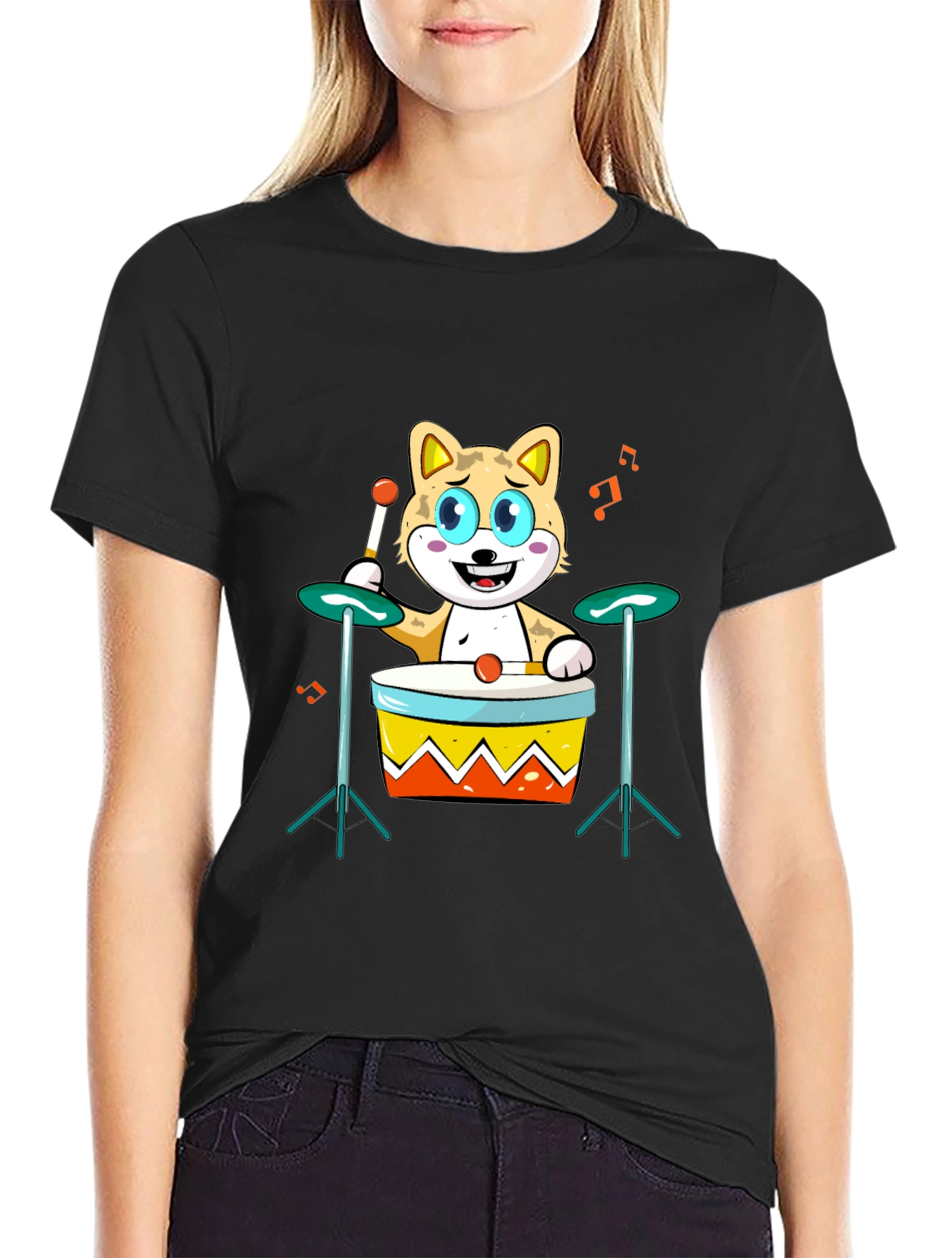 Cartoon Cat Drummer T-Shirt - Cool Music Lover Tee
