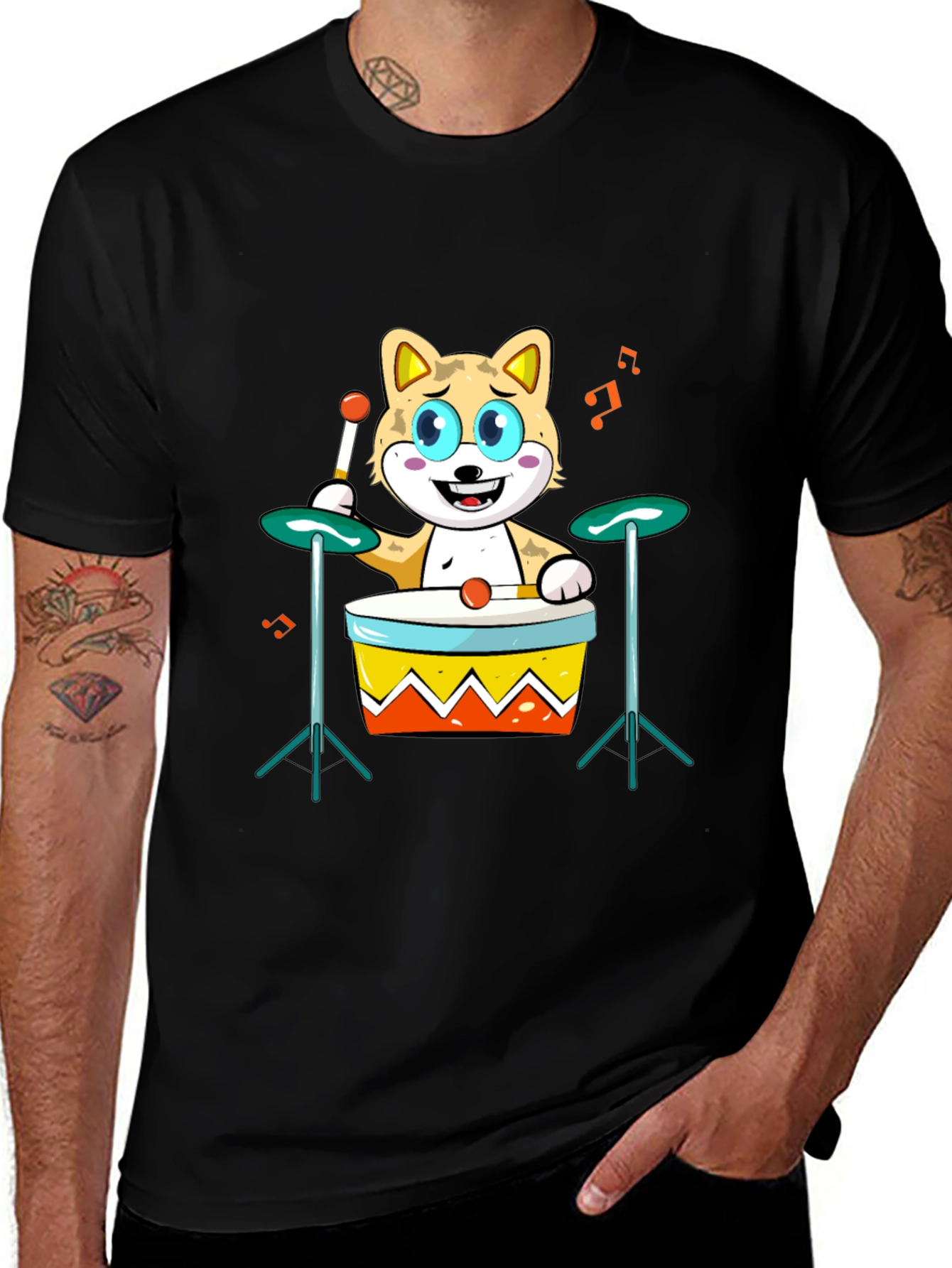 Cartoon Cat Drummer T-Shirt - Cool Music Lover Tee