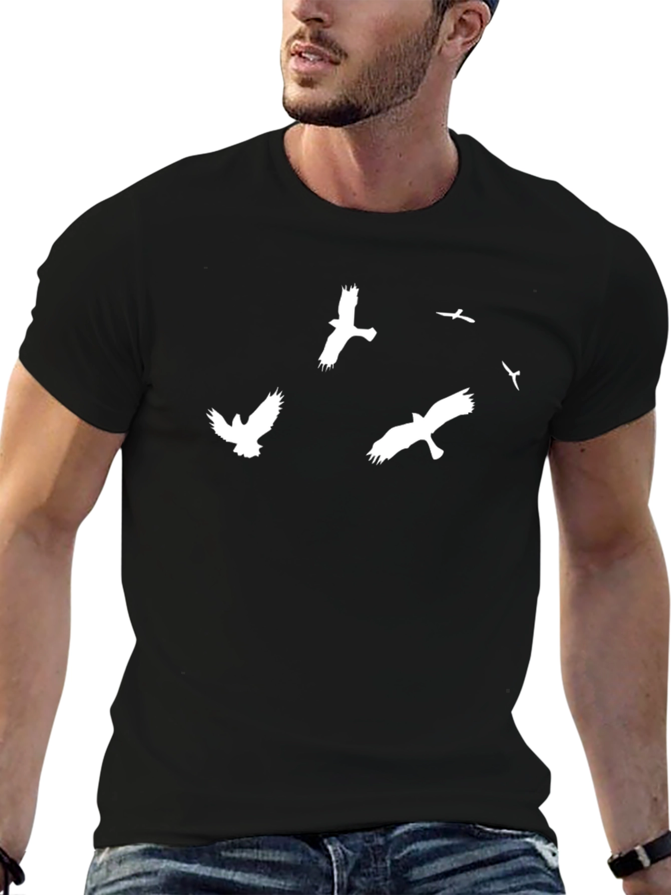 Black T-Shirt with White Flying Birds Design