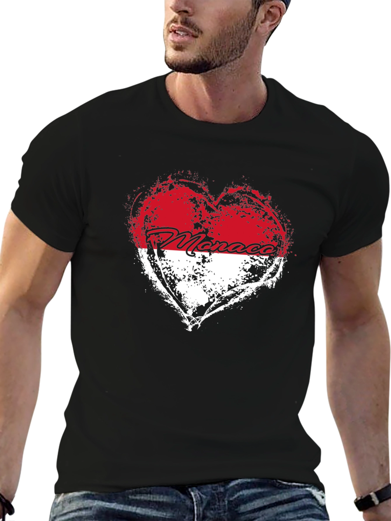 Monaco Heart Flag T-Shirt - Black Cotton Tee