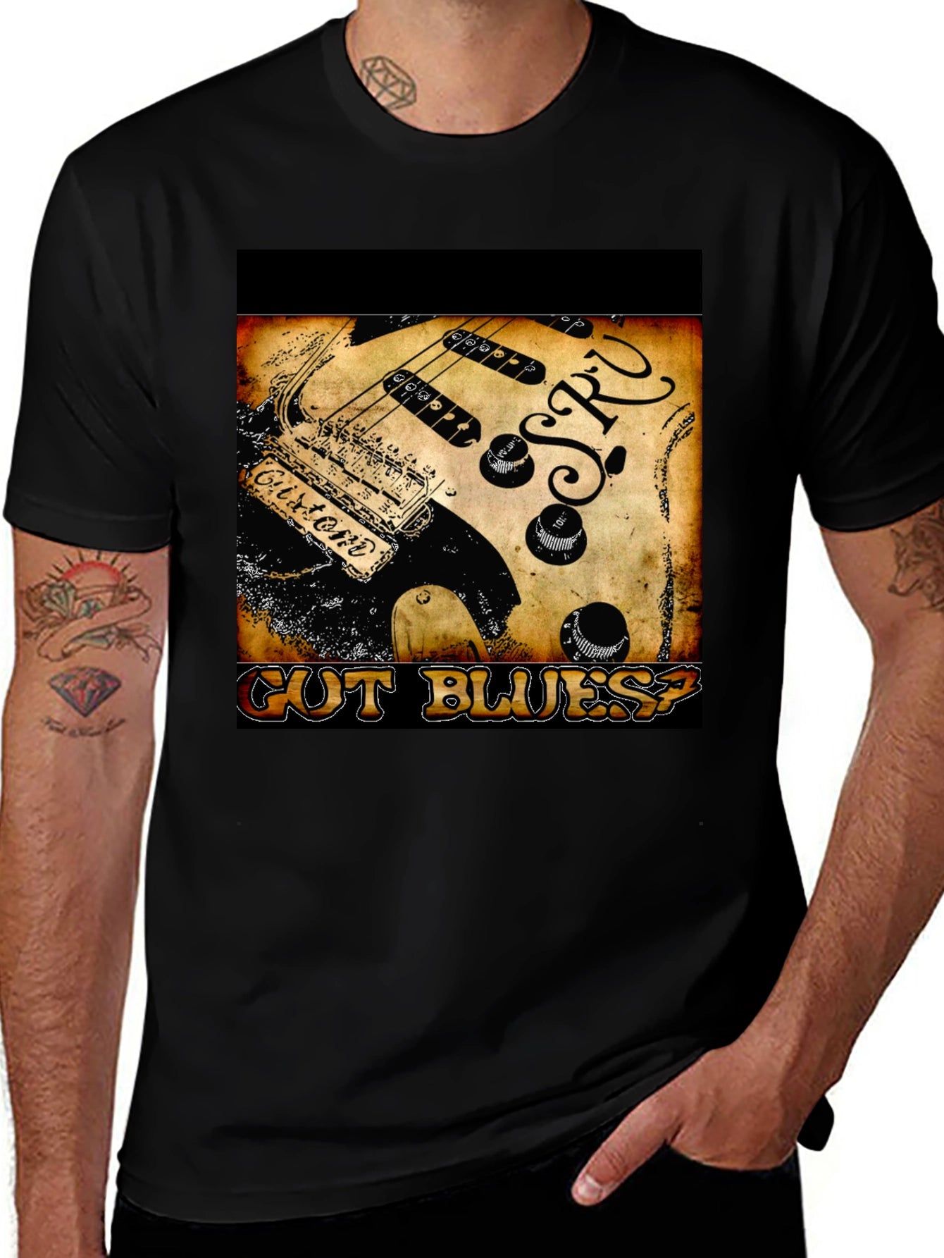 Guitar Cut Blues? Graphic Print Black T-Shirt