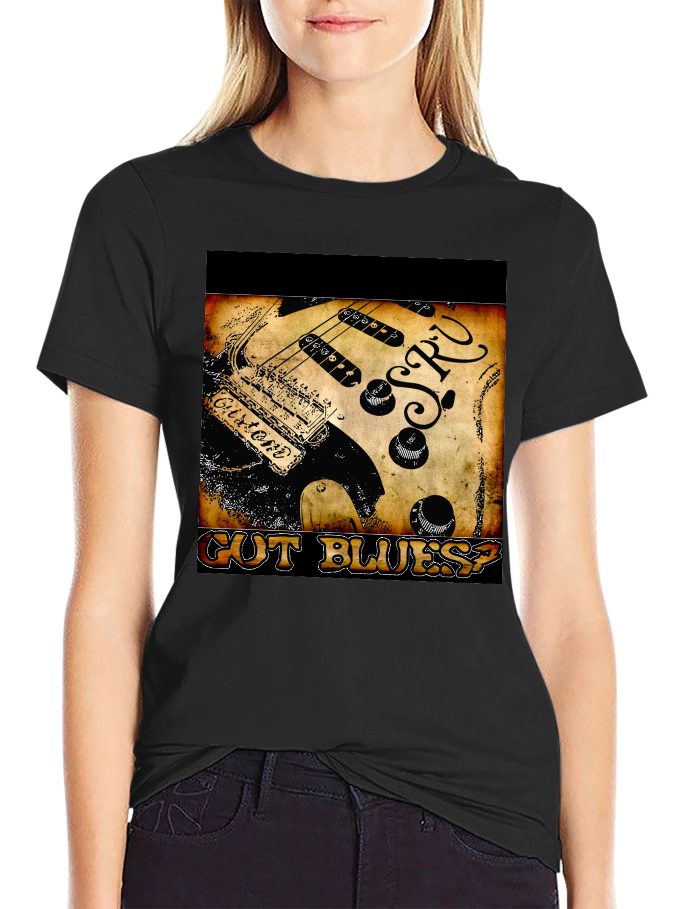 Guitar Cut Blues? Graphic Print Black T-Shirt