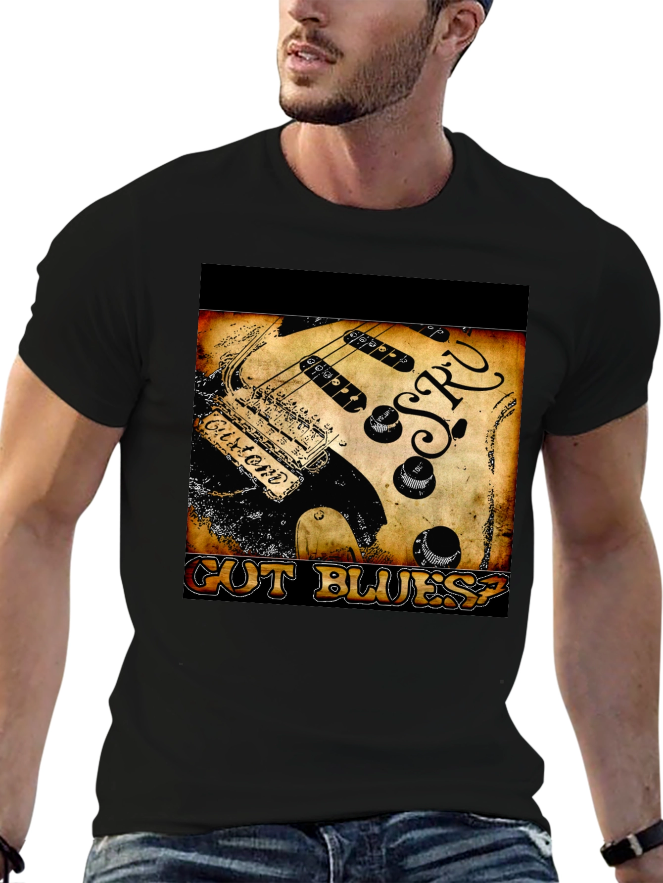 Guitar Cut Blues? Graphic Print Black T-Shirt