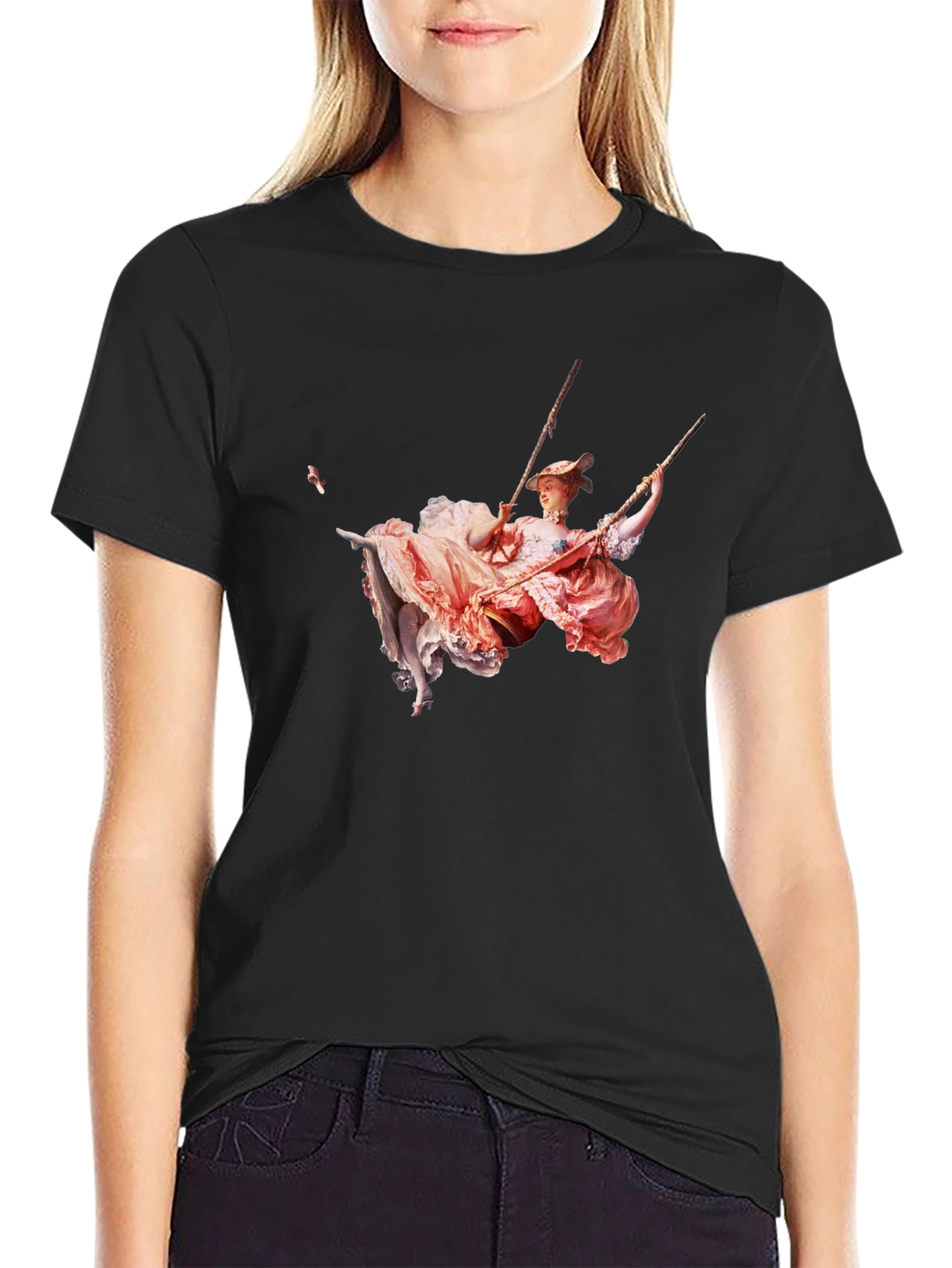 Rococo Swing Art Graphic Tee - Stylish Black T-Shirt