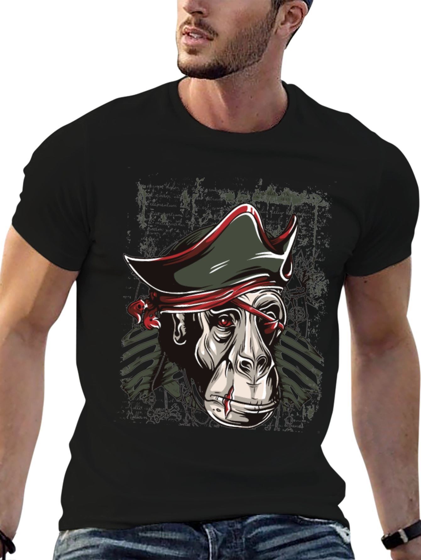Pirate Monkey Graphic T-Shirt - Black Cotton Tee