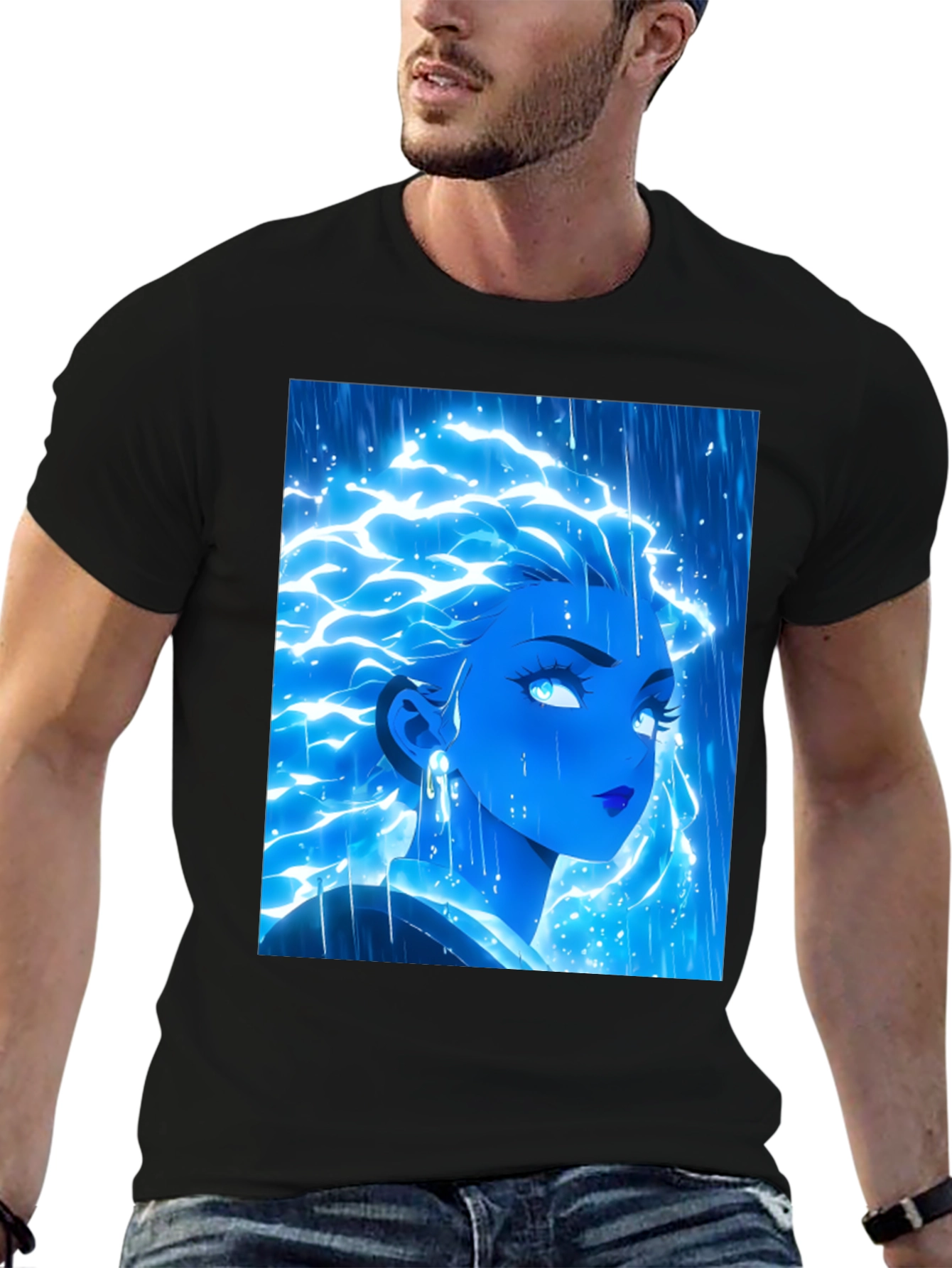 Electric Blue Anime Girl Graphic Tee