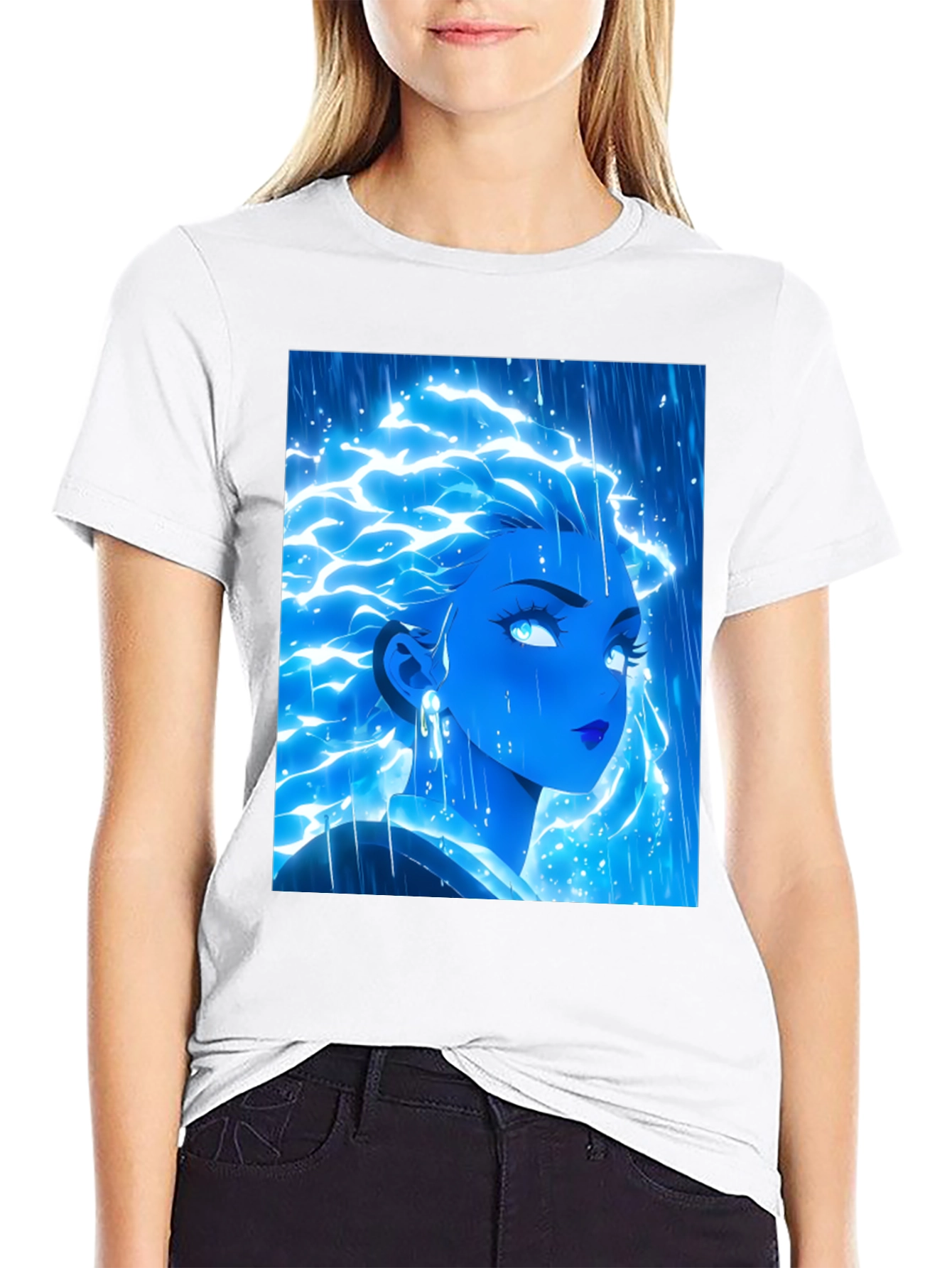 Electric Blue Anime Girl Graphic Tee