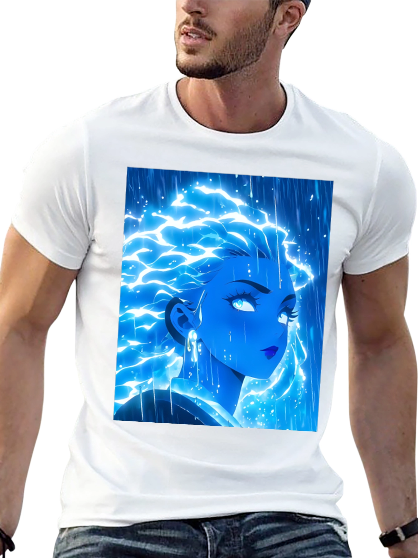 Electric Blue Anime Girl Graphic Tee
