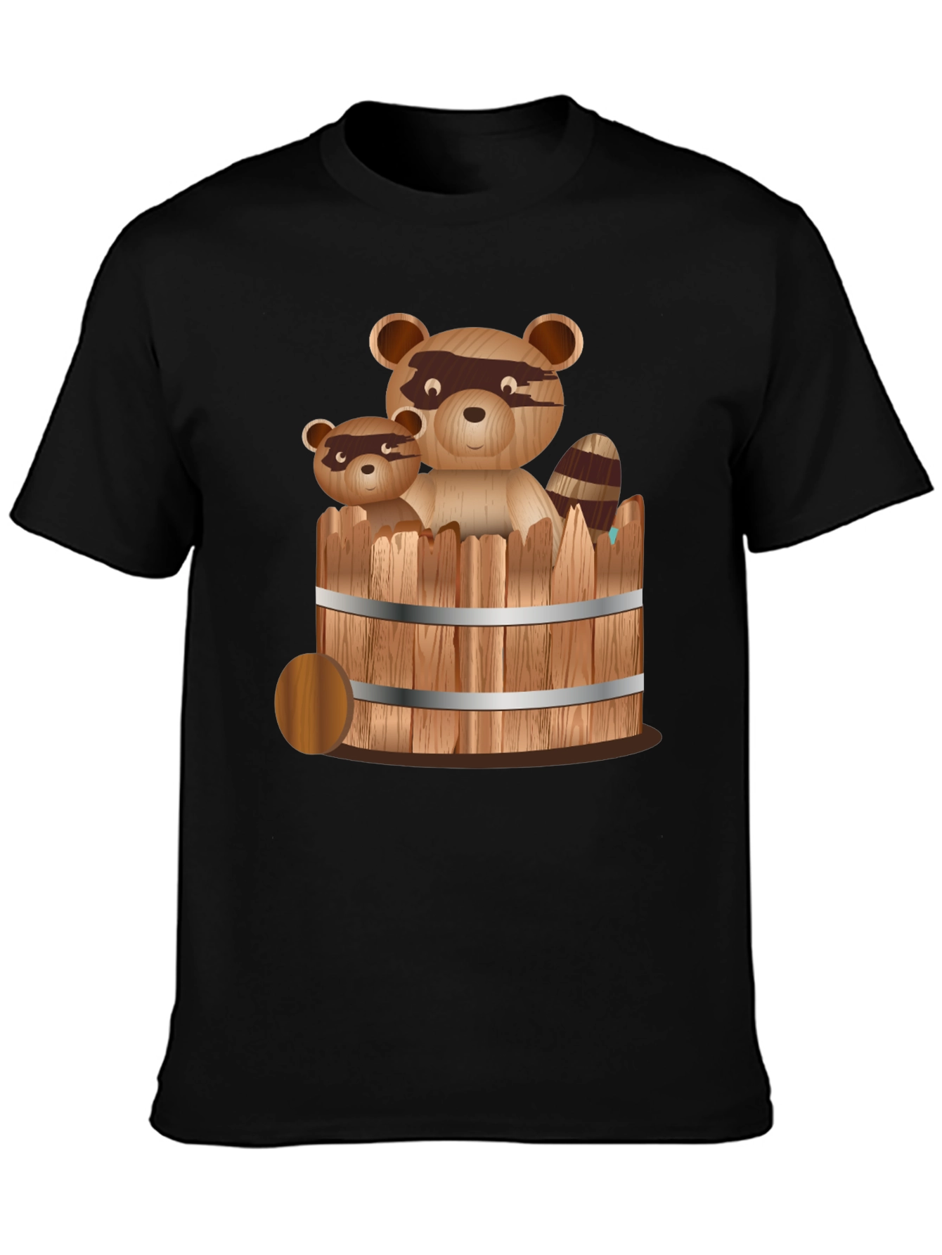 Raccoon Family in Barrel Graphic Tee - Black T-Shirt