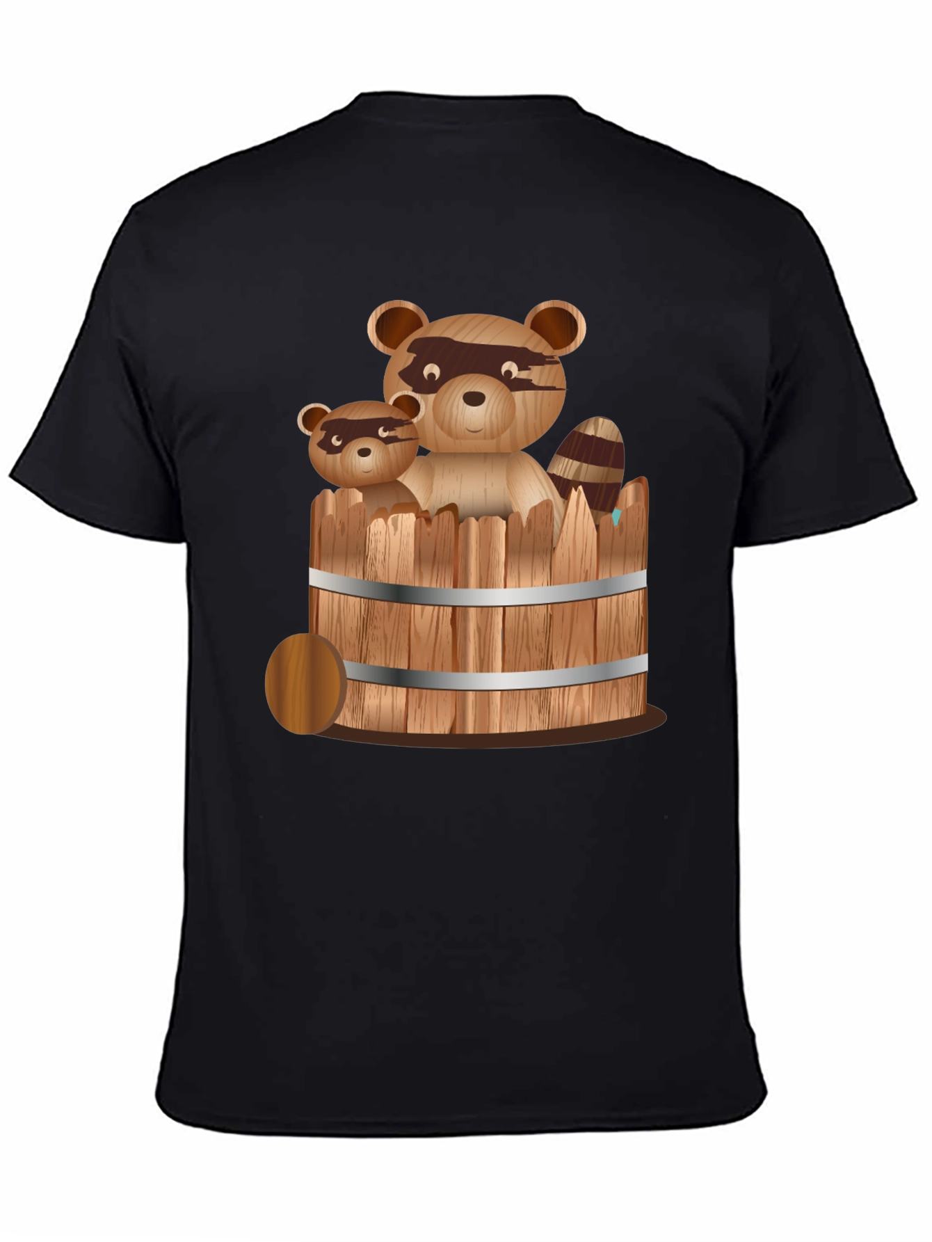 Raccoon Family in Barrel Graphic Tee - Black T-Shirt