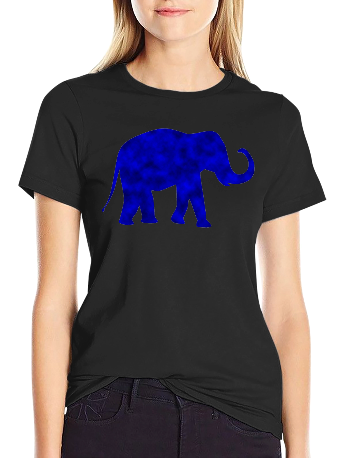 Blue Elephant Graphic Print Black T-Shirt