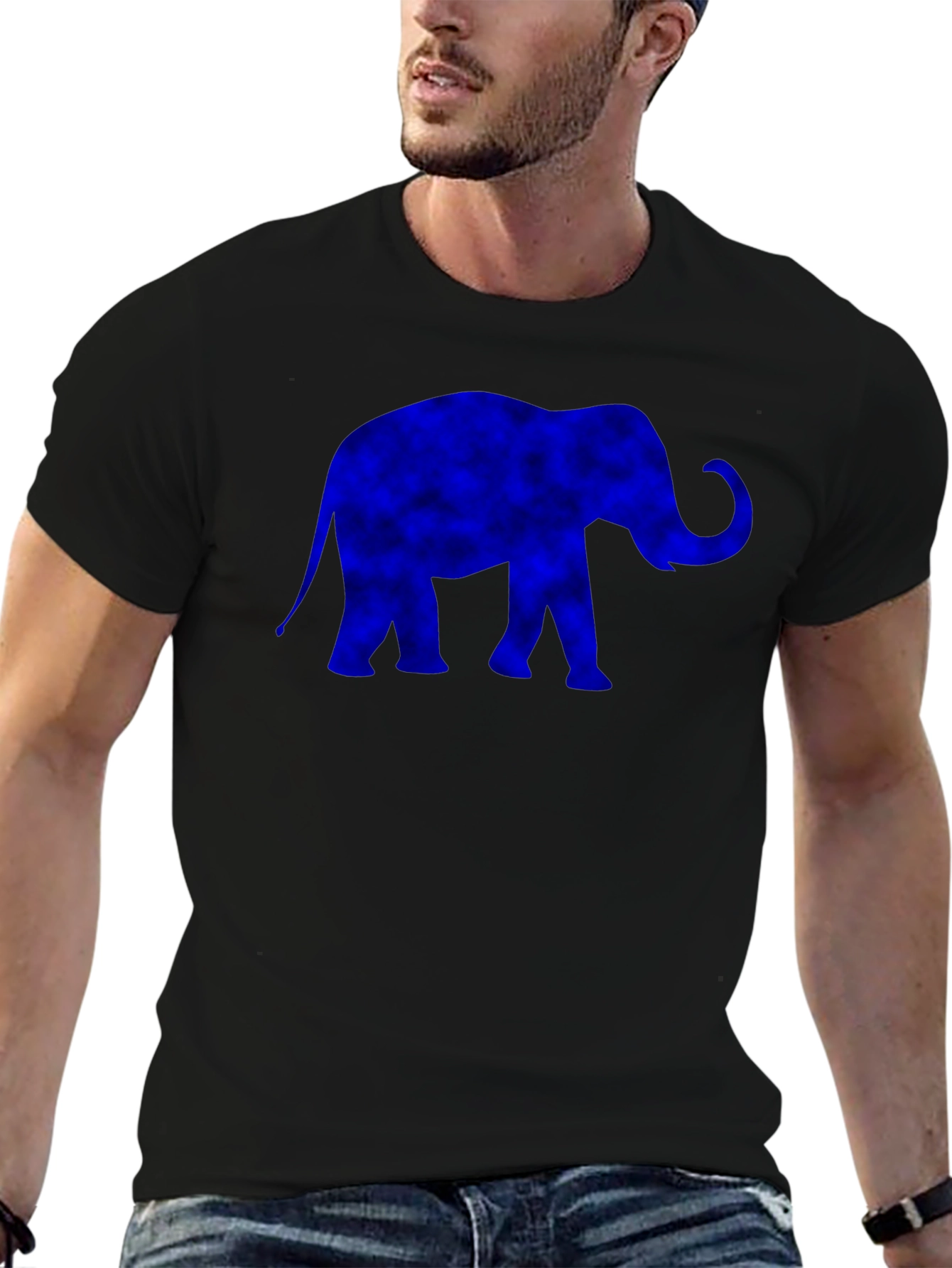 Blue Elephant Graphic Print Black T-Shirt