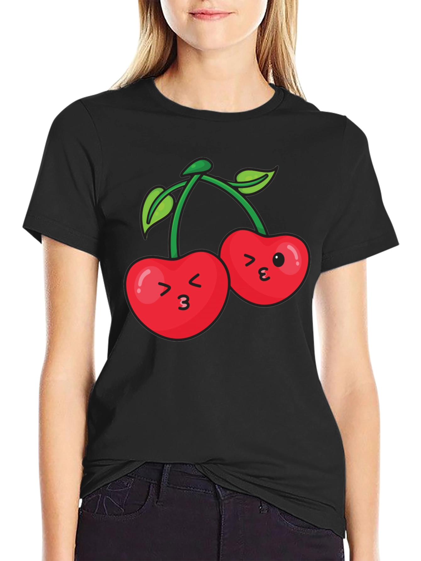 Cute Cherry Face Black T-Shirt