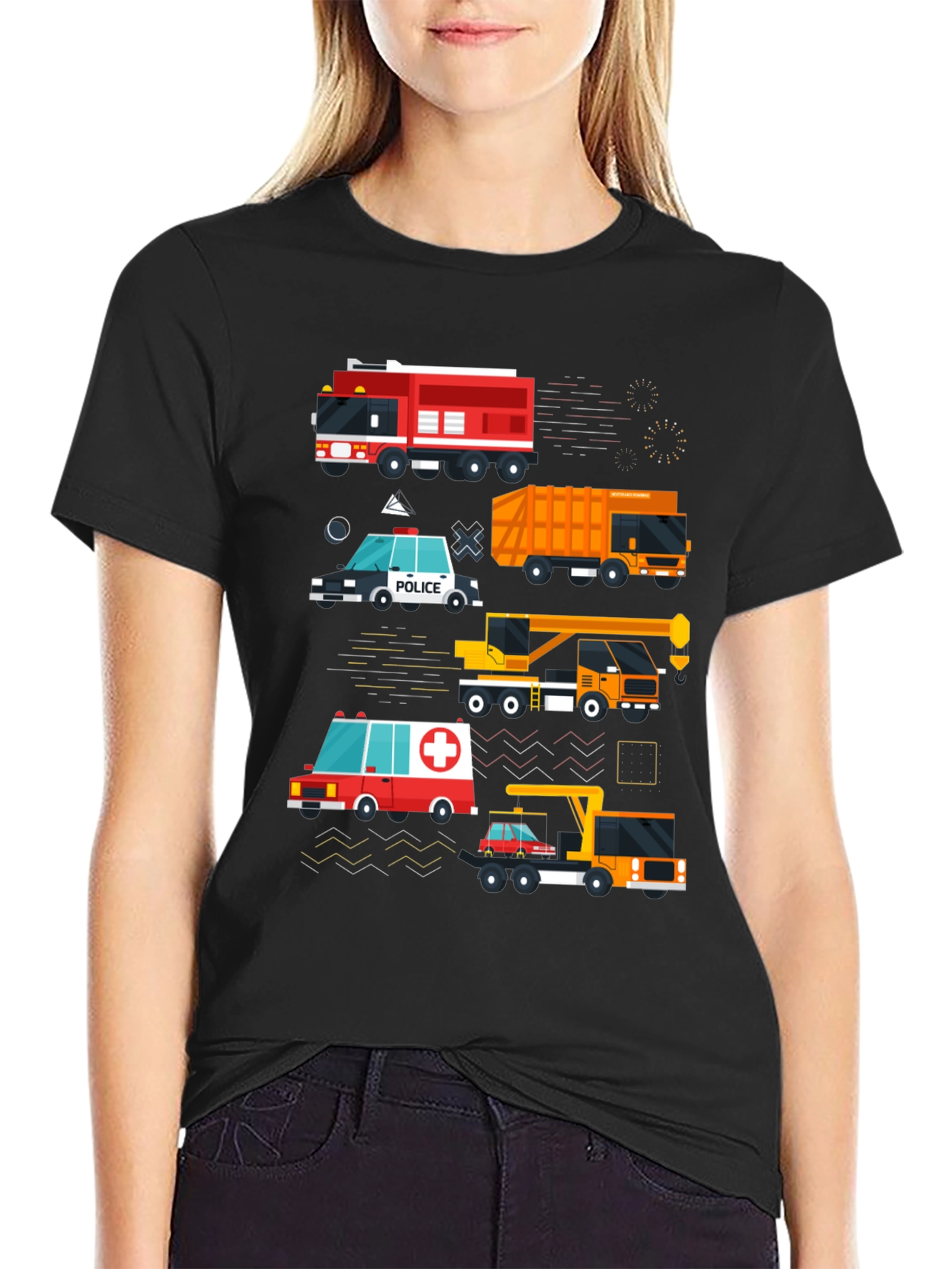 Cartoon Vehicle Graphic Tee - Black