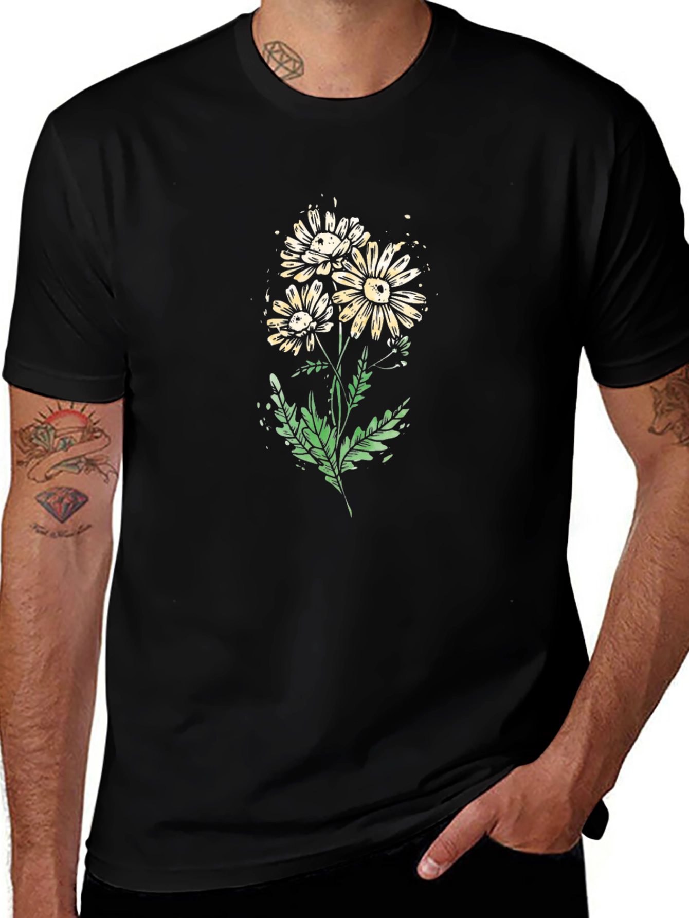 Daisy Flower Graphic Print Black T-Shirt