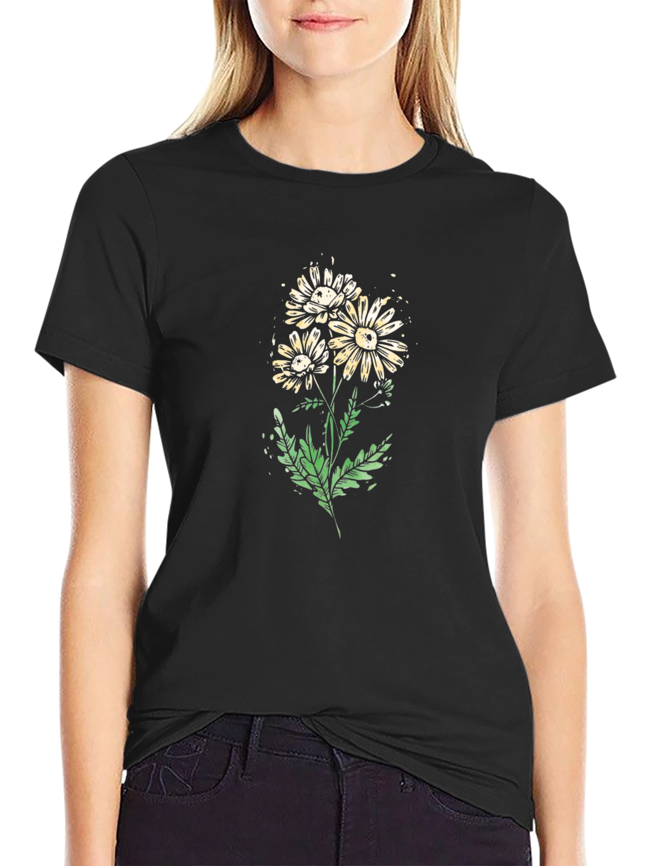 Daisy Flower Graphic Print Black T-Shirt