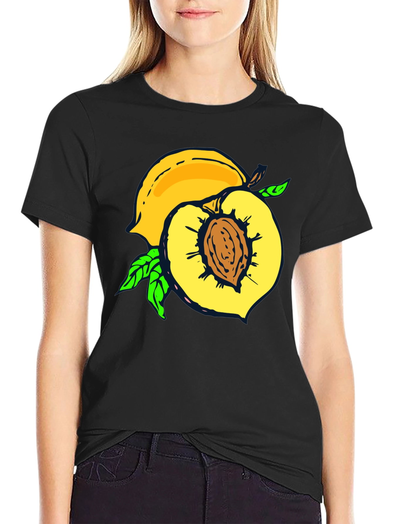 Peach Graphic Tee - Fruit Lovers Casual Black T-Shirt