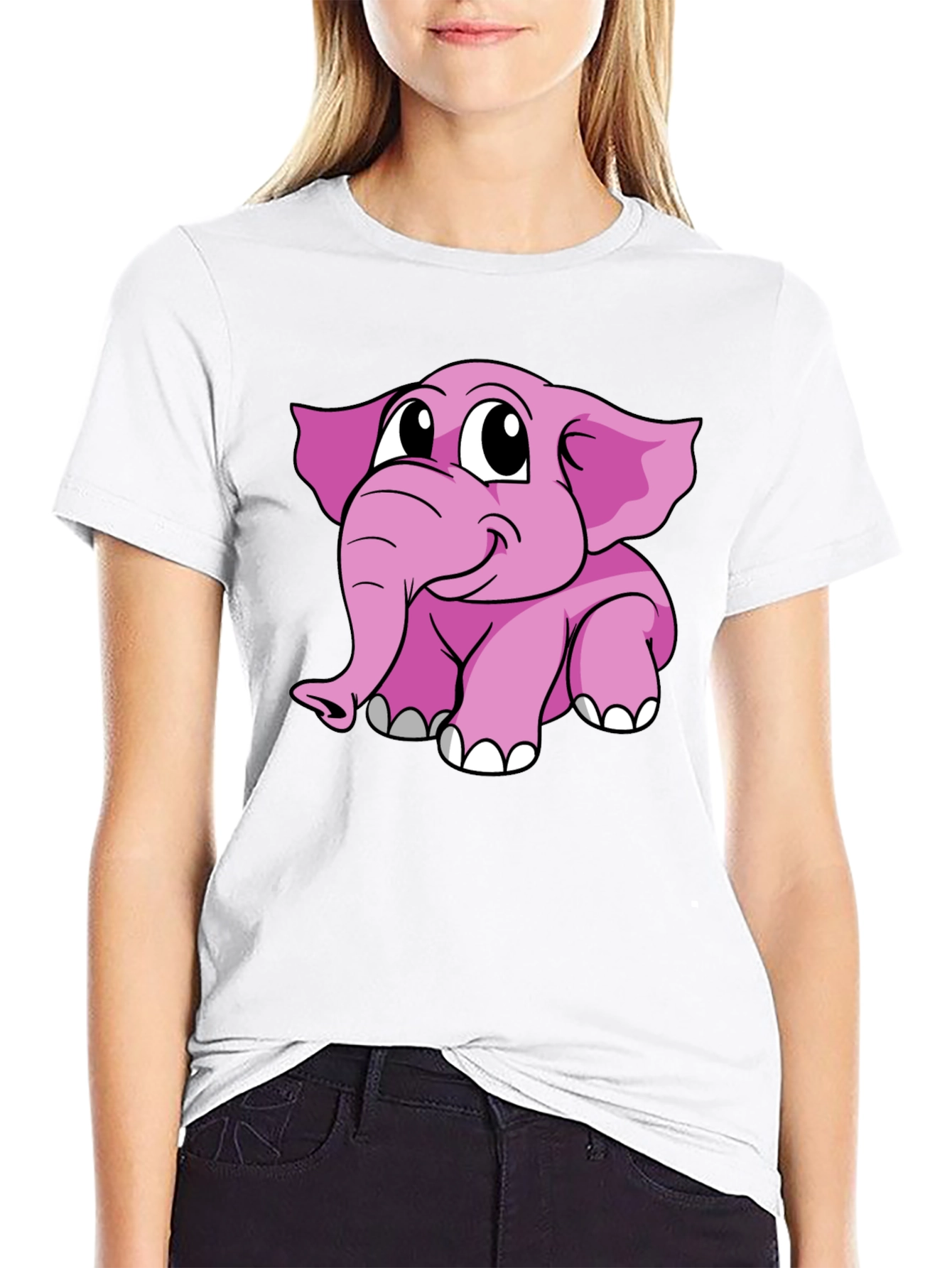 Cute Pink Elephant Graphic Tee - Black Cotton Shirt