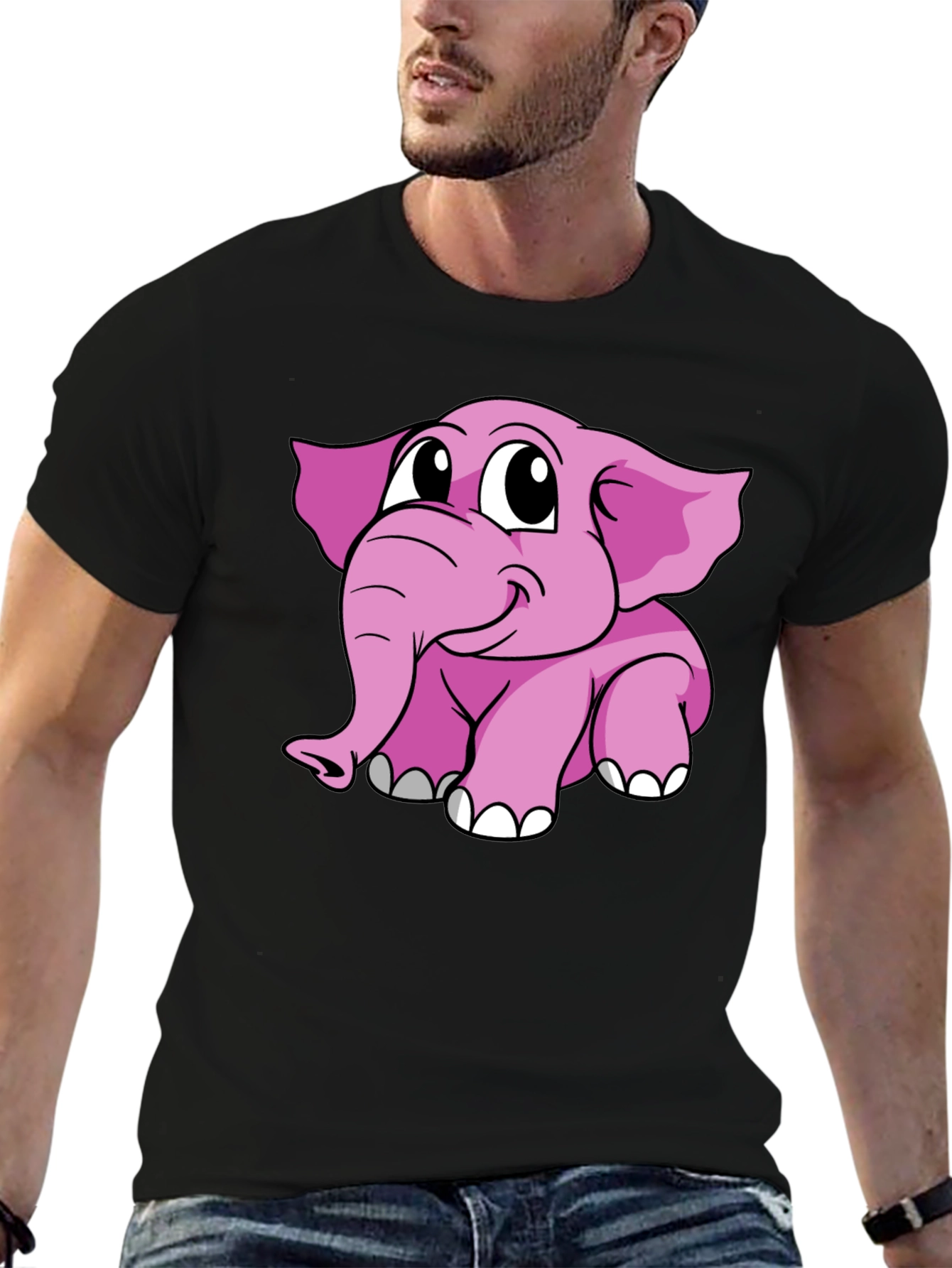 Cute Pink Elephant Graphic Tee - Black Cotton Shirt