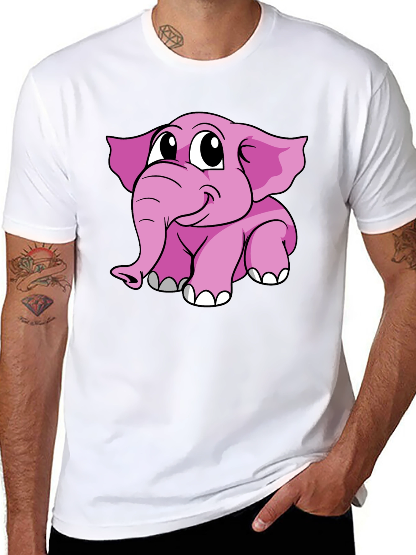 Cute Pink Elephant Graphic Tee - Black Cotton Shirt